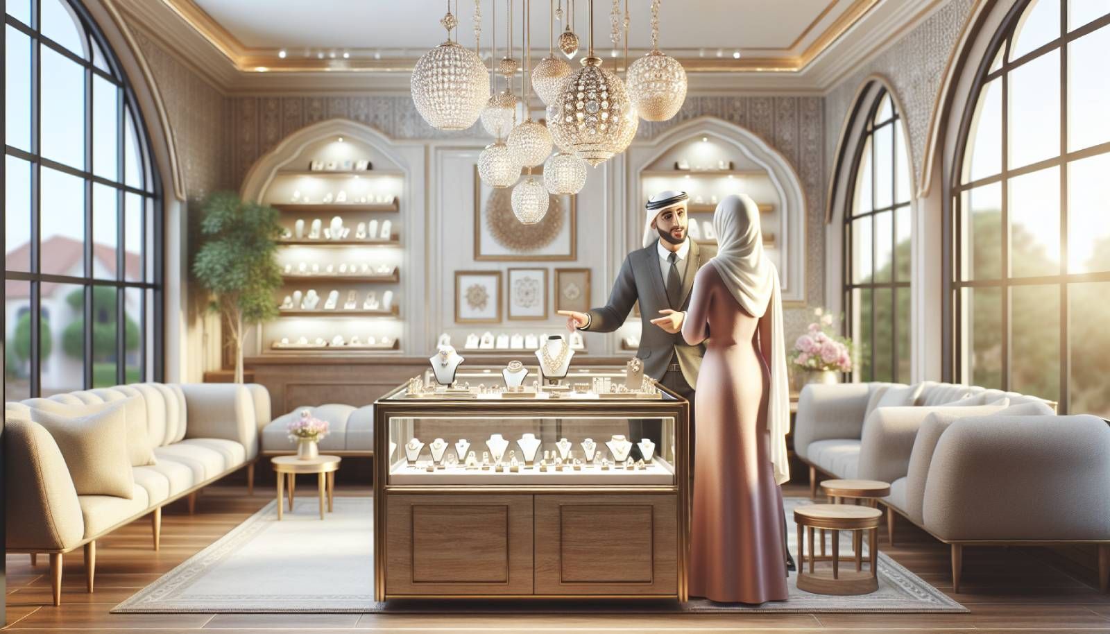 A photo-realistic image depicting a serene jewelry shop interior with an elegant display of various exquisite jewelry pieces, such as rings, necklaces, and bracelets. In the foreground, a jeweler engages a customer with an animated storytelling gesture, illustrating an emotional connection. Soft natural lighting highlights the sparkle of the jewelry, creating an inviting atmosphere. Background elements such as a comfortable seating area and tasteful decor enhance the storytelling theme, conveying the importance of connection and personal narratives in the jewelry sales process.