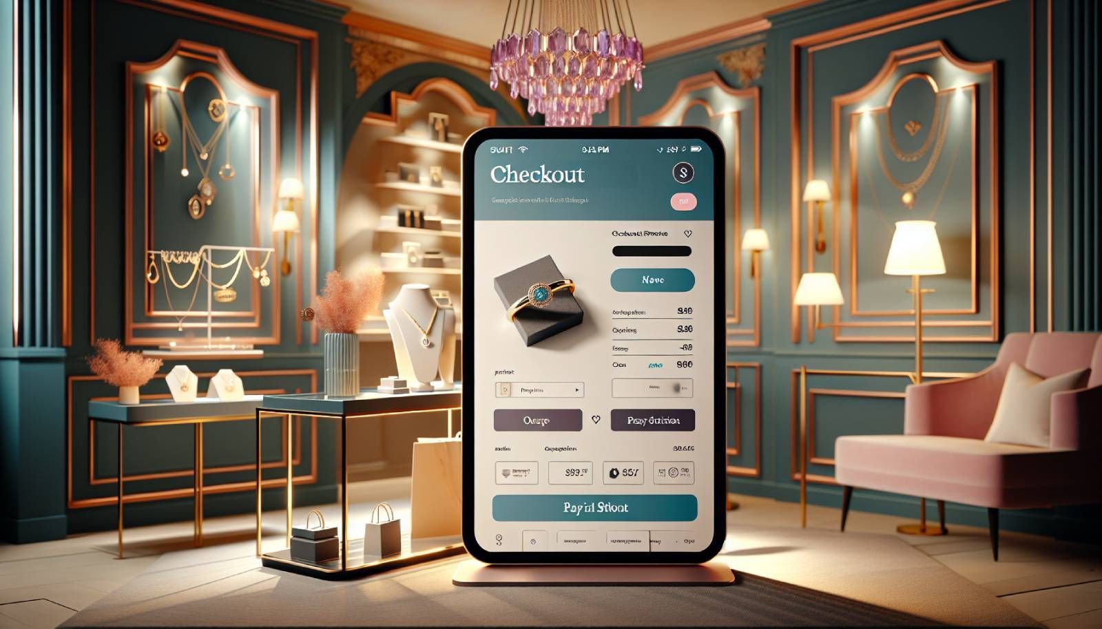 A beautifully designed jewelry store checkout page featuring a user-friendly interface, with clear navigation and prominently displayed payment options. The image should have a stylish backdrop of elegant jewelry pieces, such as rings and necklaces, to indicate the target audience of jewelers. Include vibrant colors that evoke luxury and trust, depicting a digital device with a mockup of the checkout process on its screen, emphasizing simplicity and security. The setting should have a warm ambiance, possibly with soft lighting and classy decor, reflecting a high-end shopping experience.