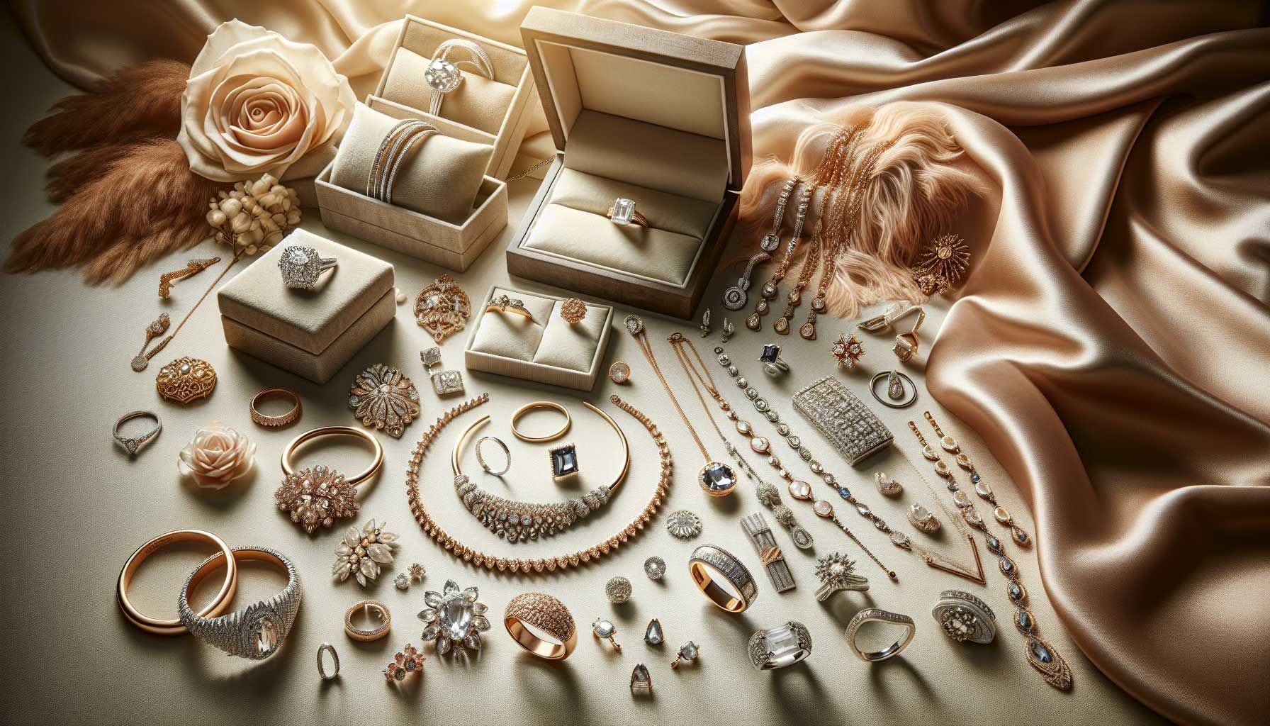 A beautifully arranged jewelry photography set showcasing high-quality products like engagement rings, necklaces, and bracelets. The scene features expert lighting that enhances the brilliance and craftsmanship of the pieces. The backdrop is a soft, neutral color that complements the jewelry, with a few elegant props like silk and soft fabrics to convey luxury and sophistication. Small details are captured in high resolution, highlighting textures and materials. This photo should feel inviting and professional, aiming to inspire jewelers about the importance of quality product photography.