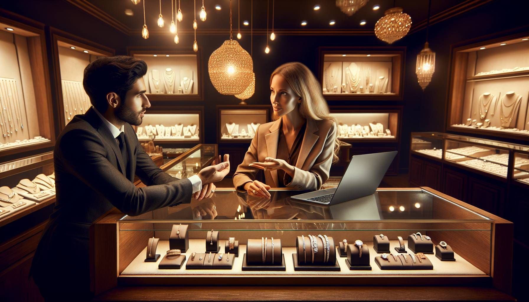 A sophisticated and elegantly designed jewelry store setting, with a professional jeweler at the counter engaging with a customer, showcasing jewelry pieces while discussing a return or complaint. The background features beautiful display cases filled with sparkling rings, necklaces, and bracelets. Warm lighting enhances the luxurious atmosphere. The jeweler shows empathy and professionalism, emphasizing the importance of customer service and communication. Include subtle detail such as a return policy visible on the counter and a laptop open with customer service software, conveying modern technology in handling complaints. This image should evoke a sense of trust and quality in the jewelry business.