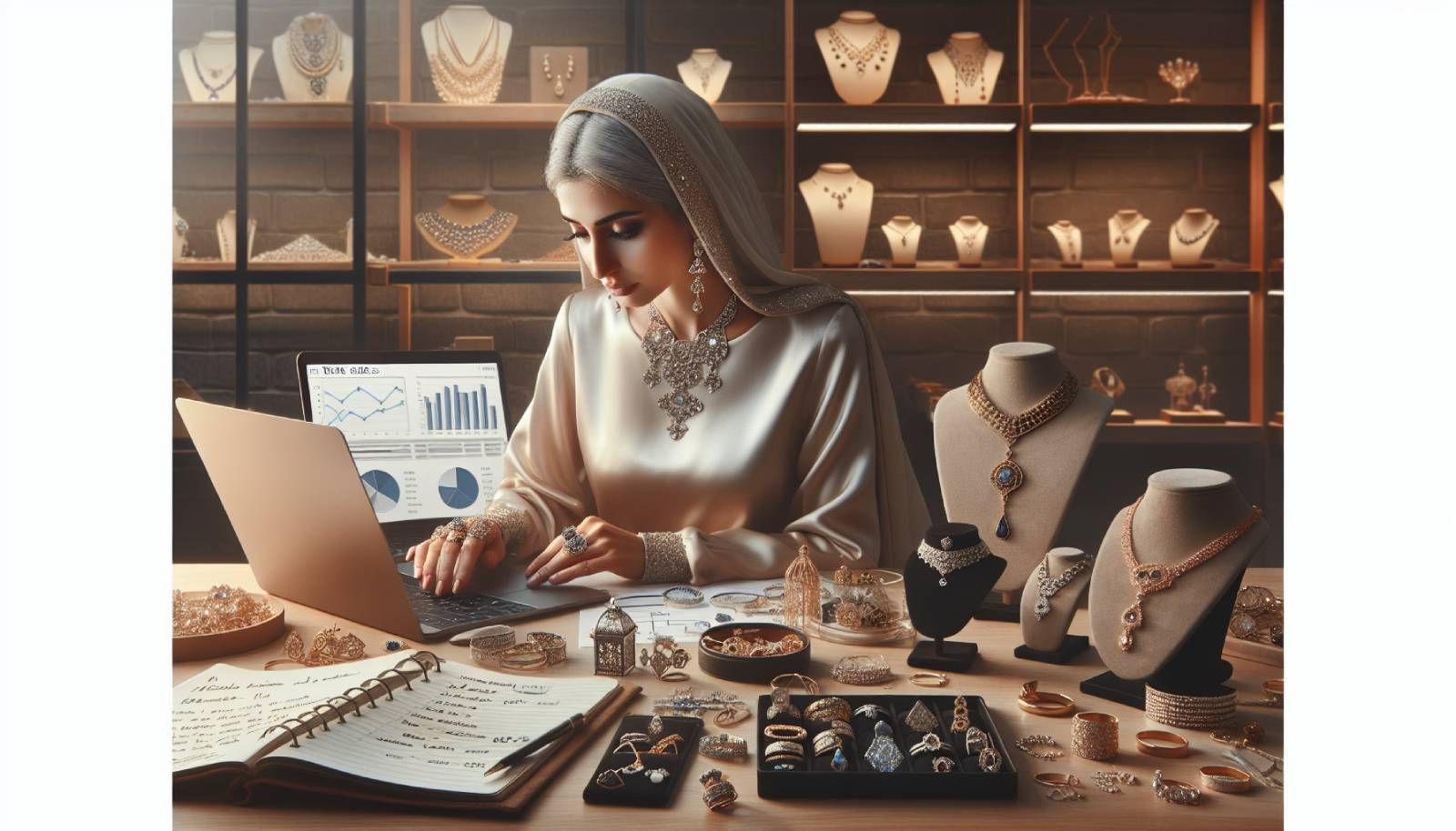 A photo-realistic image of a jeweler working in a beautifully organized workspace, featuring a laptop displaying graphs and analytics related to web sales data, surrounded by elegant jewelry pieces, including rings, necklaces, and bracelets. There are notepads with notes on customer feedback and marketing strategies, with a soft, warm light illuminating the scene, giving a professional yet inviting atmosphere. The background includes shelves filled with well-displayed jewelry, showcasing the importance of data in enhancing their business operations.