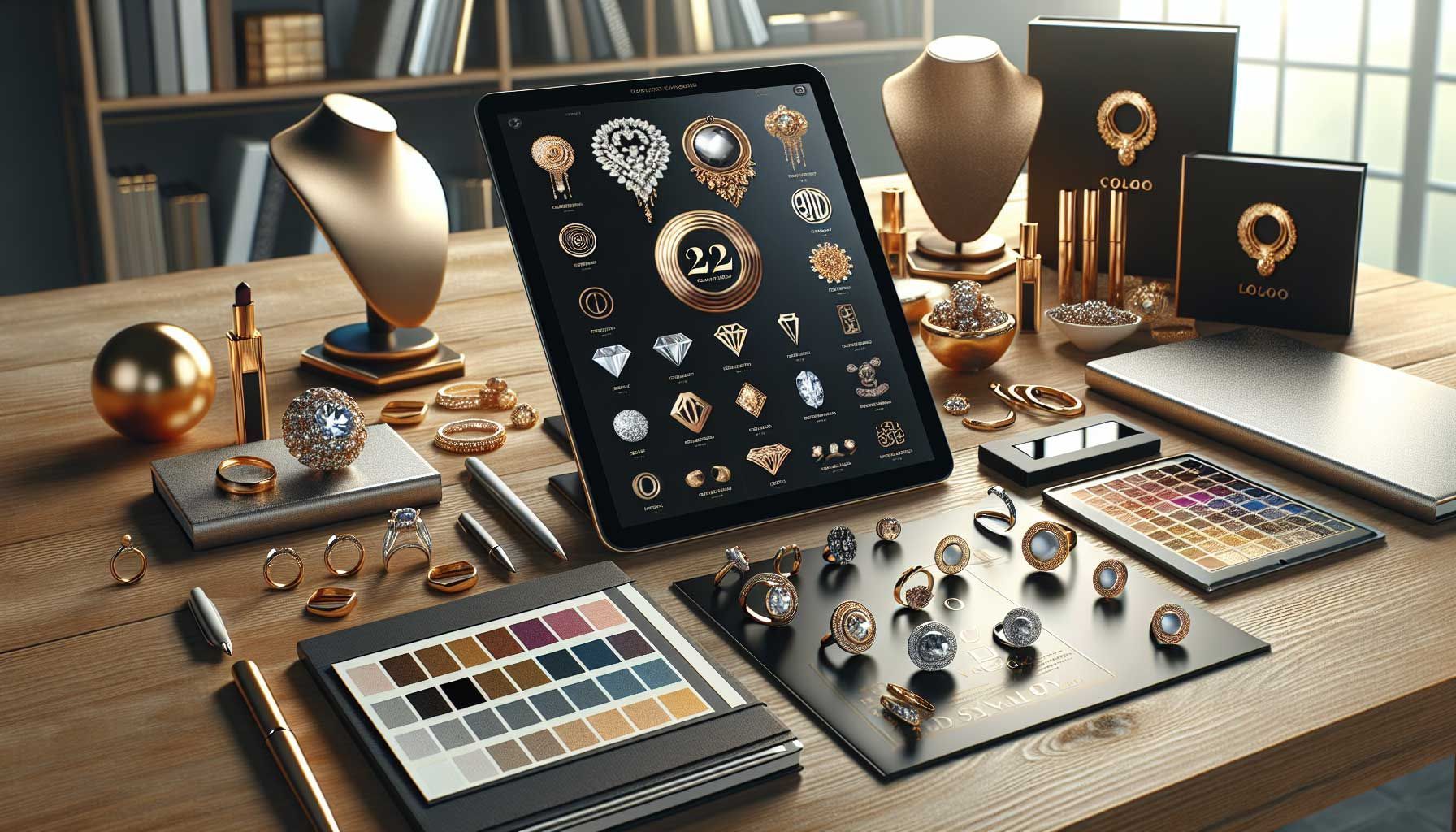 A photo-realistic image of a luxurious jewelry logo design workspace with elegant design tools, including gold and silver color palettes, sophisticated typography samples, and a digital tablet showcasing various logo concepts, surrounded by polished gemstones and rings, all set on a sleek wooden table, conveying the essence of high-end jewelry branding in the e-commerce world.