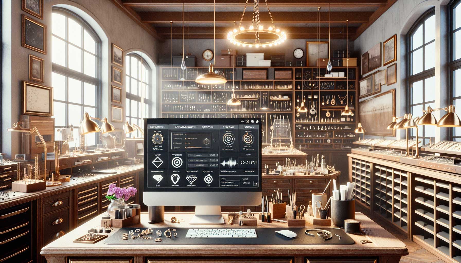 A photorealistic image of a jeweler's workshop with a modern computer interface displaying PrismaNote's repair management software. The workshop should be equipped with elegant jewelry pieces, tools of the trade, and a welcoming environment. The screen shows an integrated dashboard with features like ticket systems, inventory management, and customer profiles highlighted. Include visual elements representing email and WhatsApp communication, and a glowing website builder integration symbol. Warm lighting enhances the professional yet inviting atmosphere.