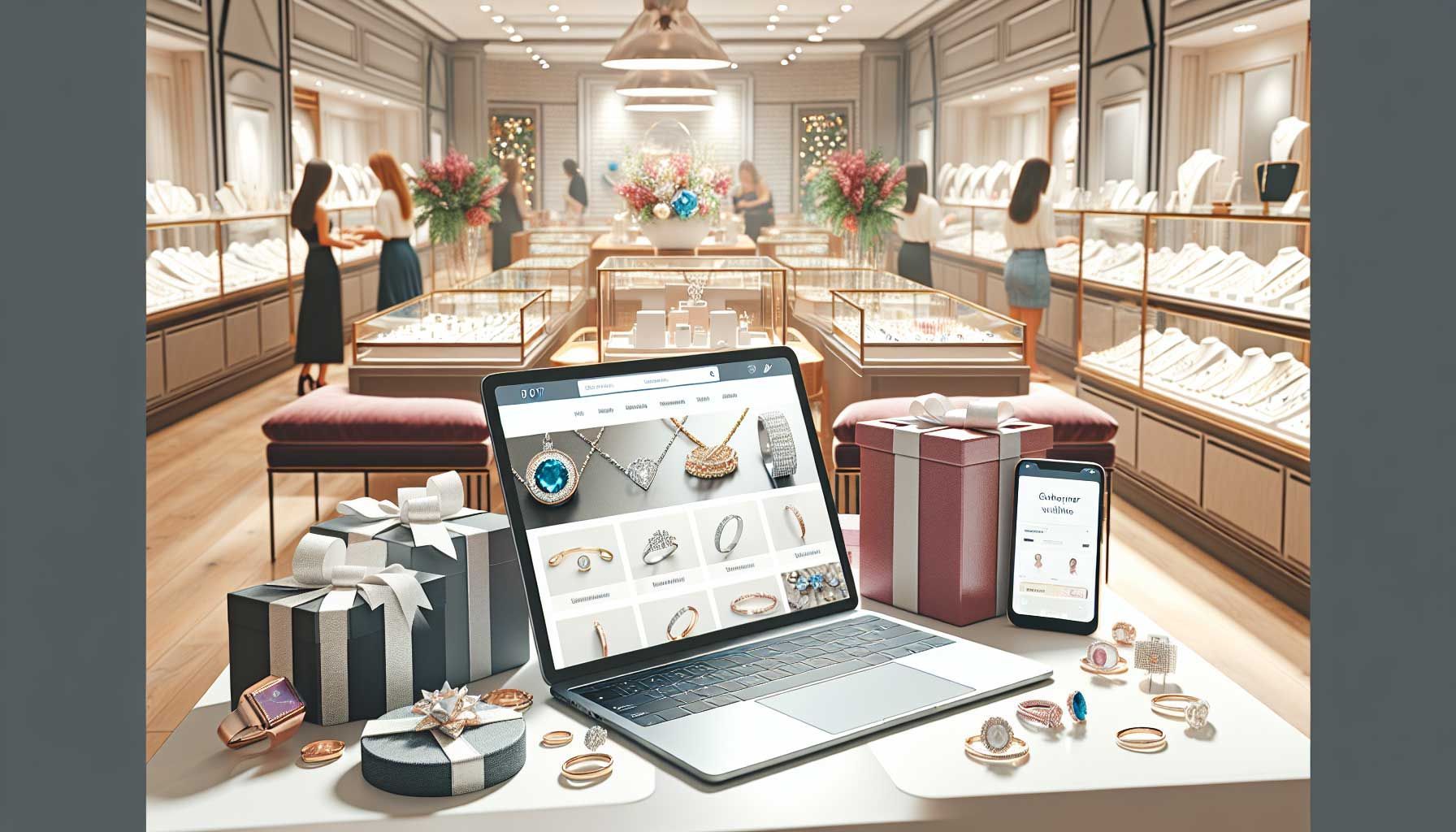 A modern jewelry store with a well-designed website on a laptop, surrounded by gifts and jewelry such as rings and necklaces, while a few customers are actively shopping in the background. The scene emphasizes a professional and customer-oriented appearance, focusing on user-friendliness and quality, in a clear and colorful photo-realistic style. The space is well-lit and there are subtle hints of e-commerce like a smartphone with social media open, expressing the connection between online and offline shopping.