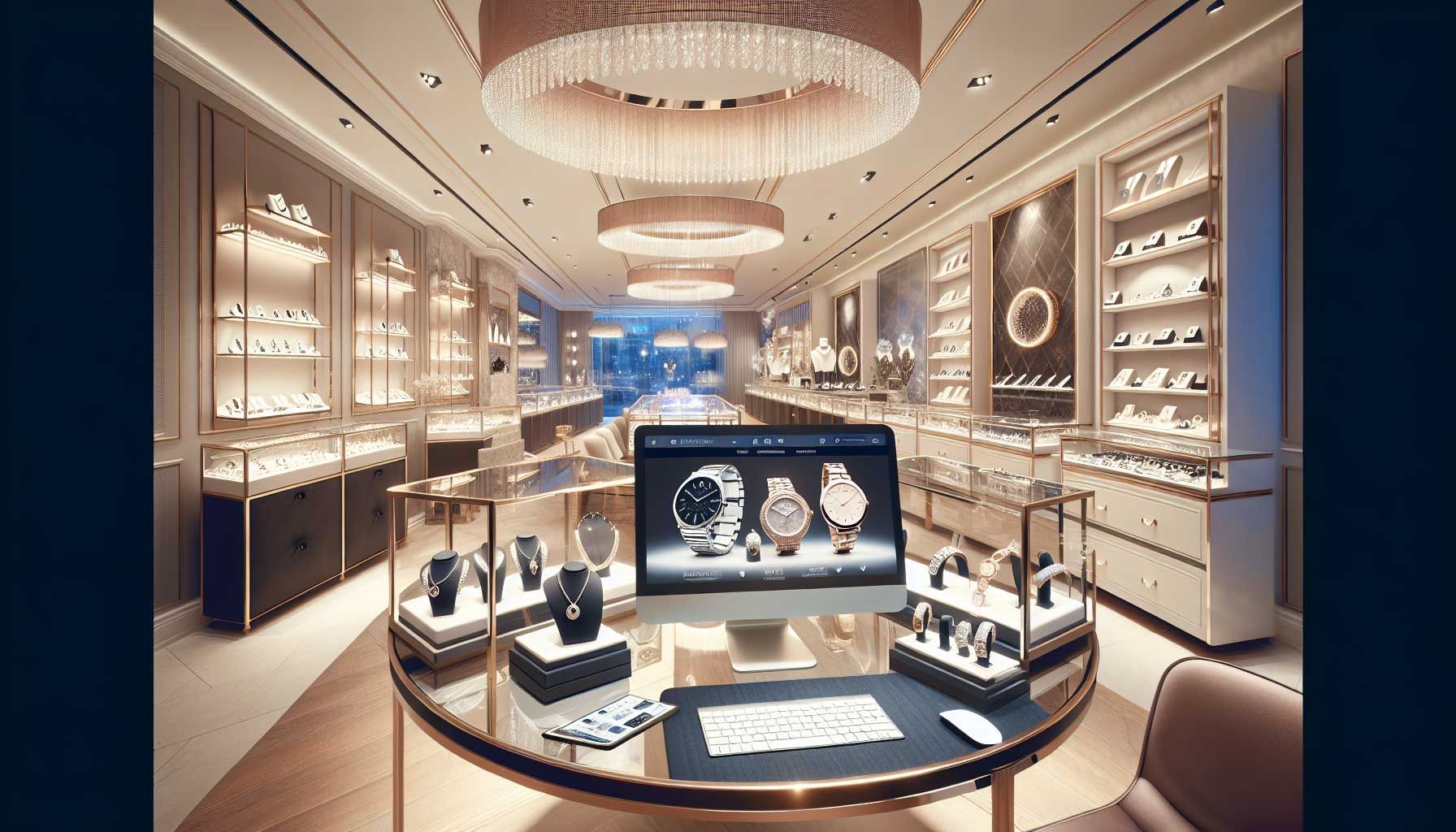 A photo-realistic image of a modern, elegant jewelry shop interior showcasing beautifully displayed watches, rings, and necklaces, with a user-friendly website interface visible on a computer and a tablet in the foreground. The shop is bright, inviting, and decorated with luxurious elements like glass cases and soft lighting, reflecting a high-end retail experience. The atmosphere conveys sophistication and professionalism, appealing to jewelers looking to improve their website design.