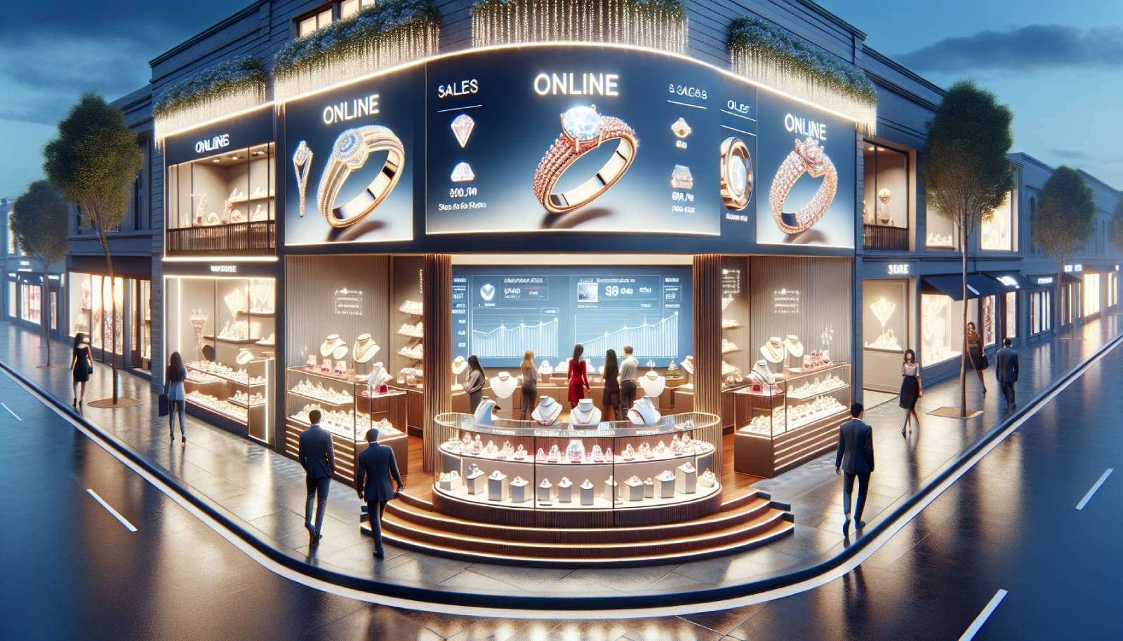 A photo-realistic landscape image depicting a bright and inviting jewelry shop with a well-organized display of elegant jewelry pieces such as rings, necklaces, and bracelets. The store has a modern design, showcasing various Google Ads posters promoting online sales and special offers. Bright lights illuminate the jewelry, making them sparkle, while a digital screen shows Google Ads analytics. Outside the store, customers browse with interest, creating a lively atmosphere. The setting indicates a successful integration of online marketing strategies, appealing to jewelers looking to boost their online sales through effective advertising.