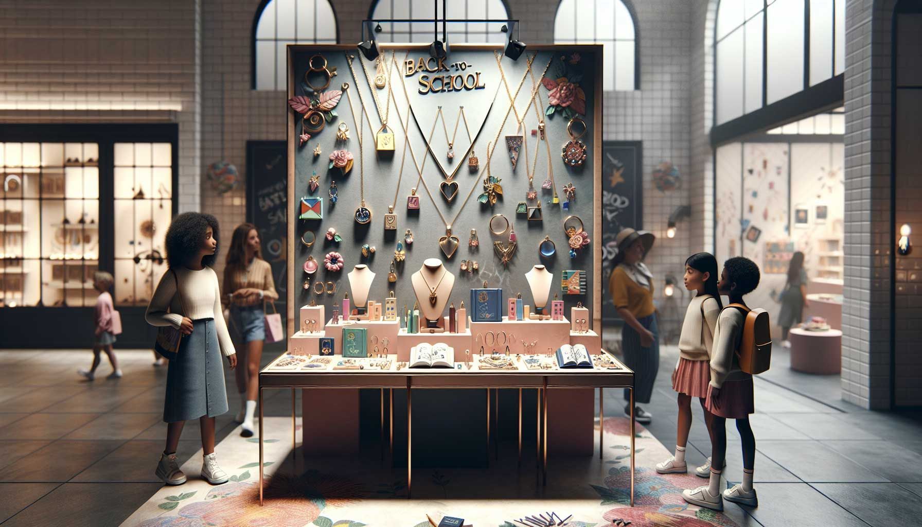 A photo-realistic image depicting a stylish jewelry display in a retail setting, showcasing a special back-to-school collection. The display features unique, trendy jewelry pieces inspired by school themes, such as book-shaped pendants, bracelets with academic symbols, and colorful accessories arranged attractively. The background includes decorated school-themed elements, like chalkboards and books, while parents and students are seen admiring the collection. Soft, warm lighting creates an inviting atmosphere for shoppers.