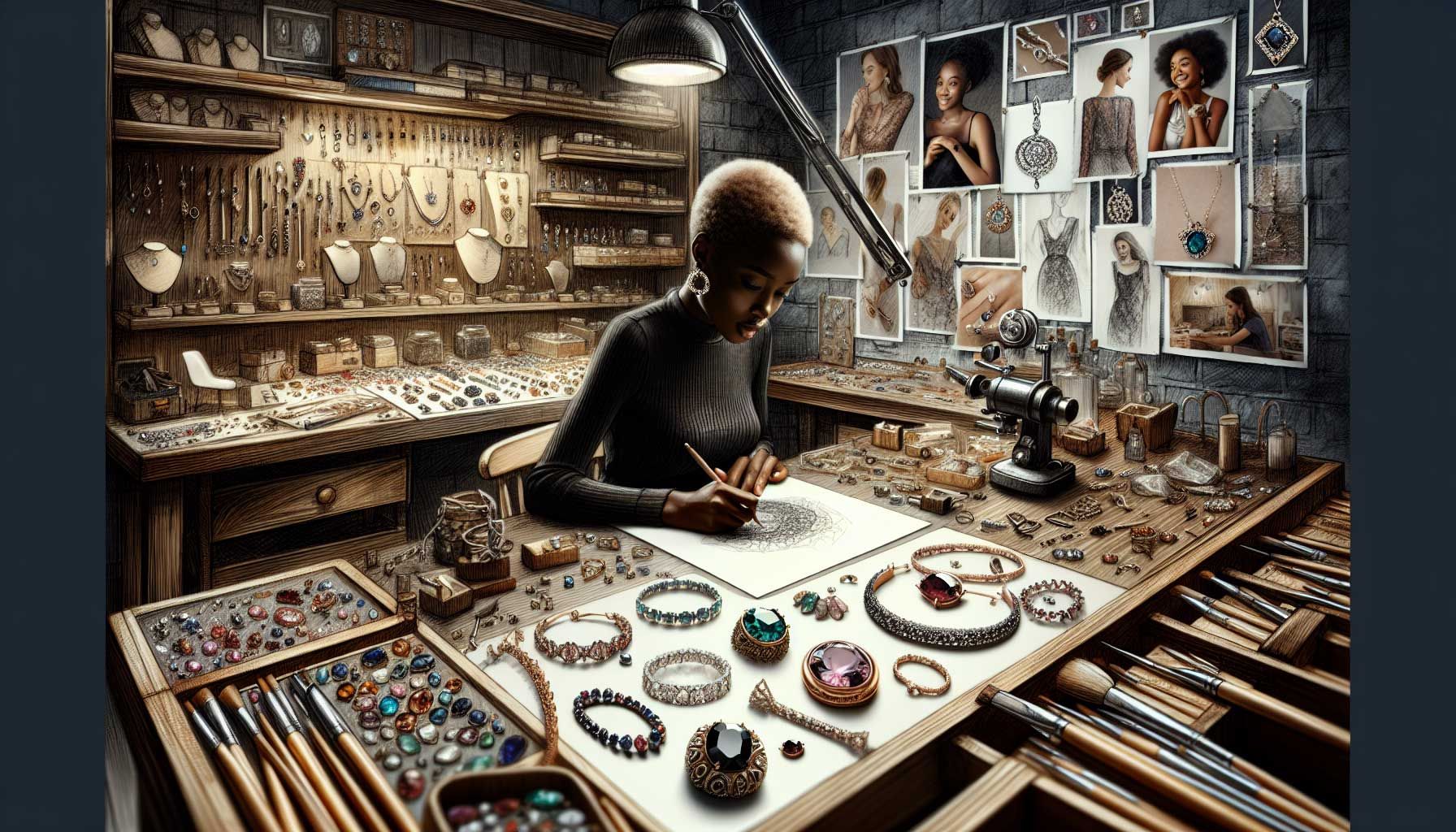 A beautifully designed jewelry workshop scene, showcasing an ornate workbench filled with various tools, gemstones, and materials. In the background, a jeweler is seen passionately creating a piece of jewelry, with sketches and inspiration boards on the walls. Soft, warm lighting enhances the atmosphere, highlighting the intricate details of the jewelry pieces. Elements like photographs of happy customers wearing the jewelry and emotional moments captured, displayed on a nearby table, reinforce the storytelling theme. The overall composition conveys a sense of authenticity, creativity, and the emotional connections behind each piece of jewelry.