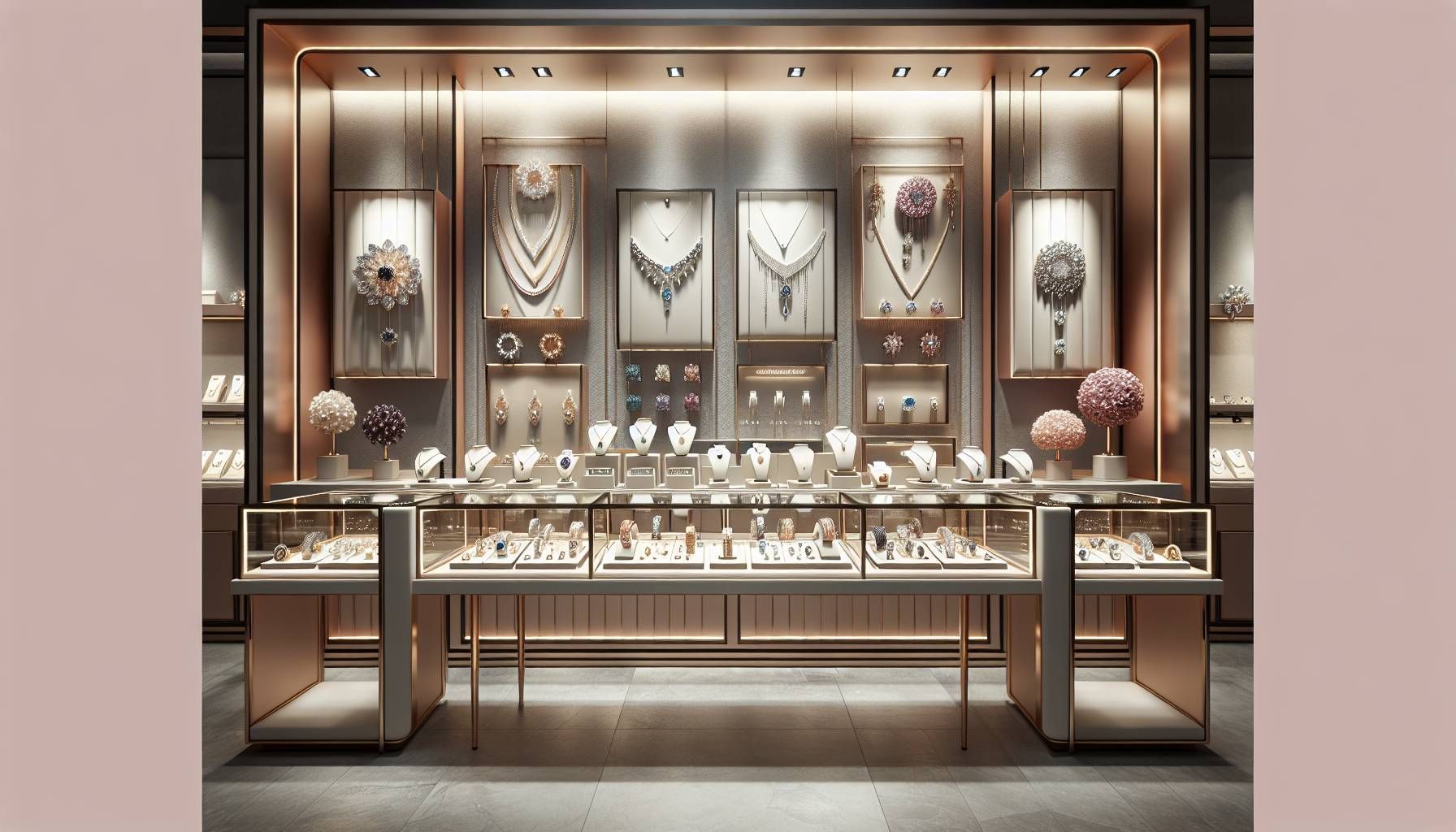 A beautifully arranged display of luxurious jewelry bundles featuring elegant rings, necklaces, and bracelets in a jeweler's store setting. The background is softly lit to enhance the shimmering stones and metals. The setup includes complementary colors and textures to attract customers, with soft focus on the jewels and clear branding elements in the setting, conveying a sense of exclusivity and value for bundling products. The atmosphere is inviting and sophisticated, ideal for a high-end jewelry audience, capturing the essence of creating attractive bundle offers.