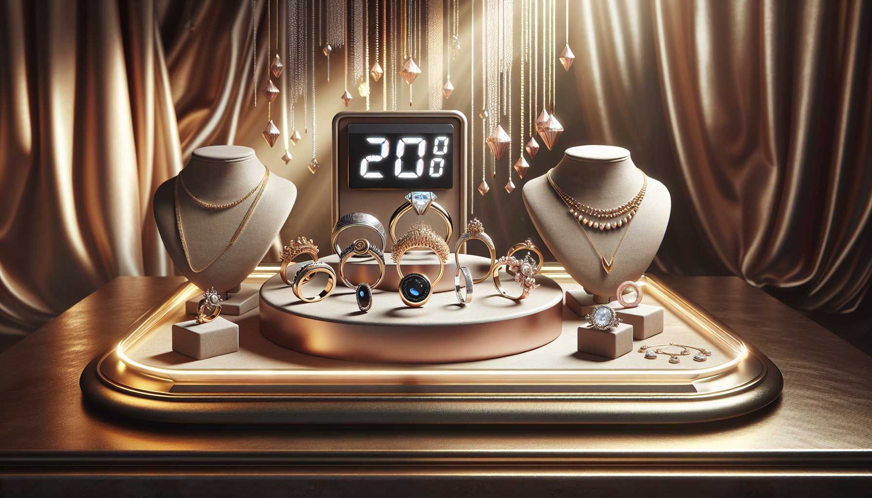 A beautifully crafted jewelry display with elegant rings and necklaces, featuring a digital countdown timer showcasing a limited-time offer, set against a luxurious backdrop of soft lighting and rich textures. The image conveys urgency and exclusivity, appealing to jewelry store owners looking to boost online sales through time-sensitive promotions.