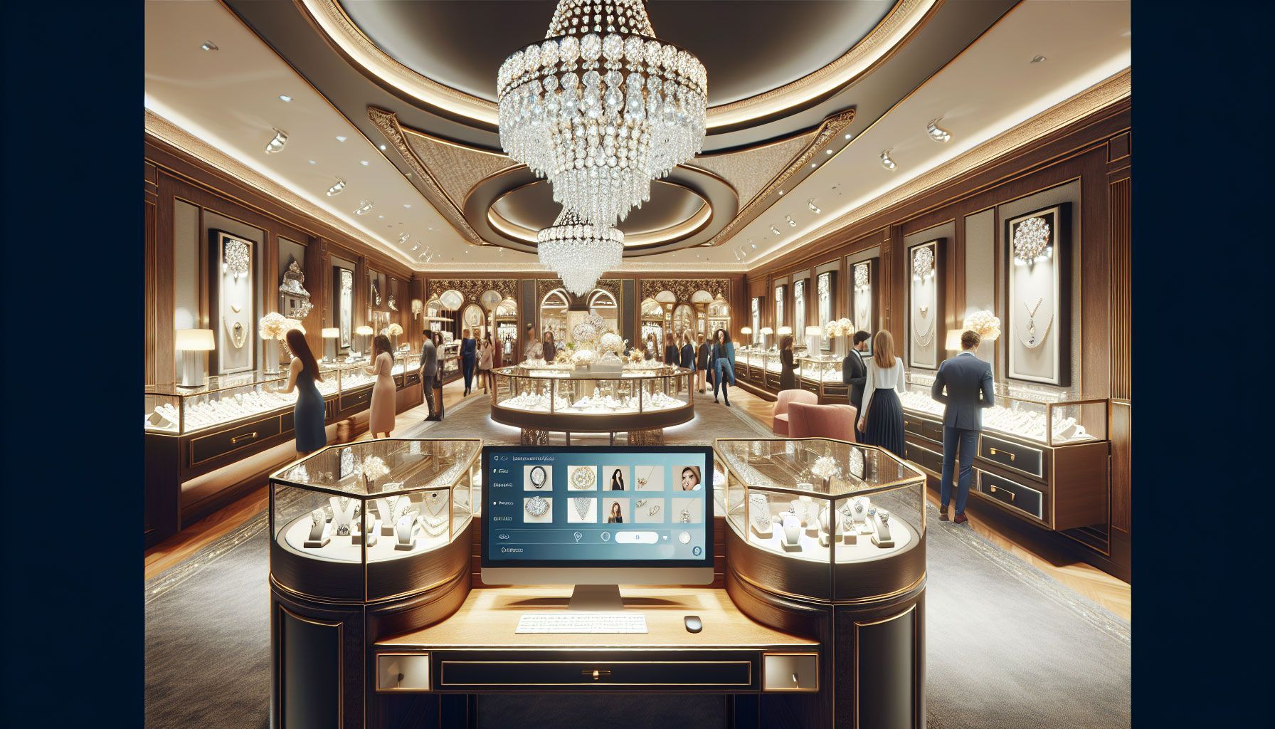 A luxurious jewelry store interior showcasing elegant jewelry displays with sparkling diamonds and gold pieces. In the foreground, a sleek computer screen prominently displaying a user-friendly live chat interface. The atmosphere is warm and inviting, with soft lighting enhancing the opulence of the jewelry. Customers are visible in the background engaging with attentive staff, highlighting exceptional customer service. The overall image conveys sophistication and modern technology in retail, emphasizing the importance of integrating live chat in a jewelry business.