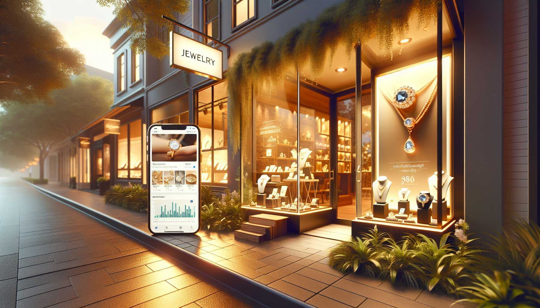 A photo-realistic image of a charming local jewelry store, captured during the golden hour, showcasing elegant jewelry displayed in the window. The storefront has bright, inviting signage, and lush greenery surrounding the entrance, symbolizing a welcoming atmosphere. In the foreground, a smartphone displaying social media posts promoting local jewelry events and promotions, alongside a laptop with analytics graph, emphasizing the combination of traditional retail and modern online marketing strategies. The overall mood is warm and appealing, attracting potential customers.