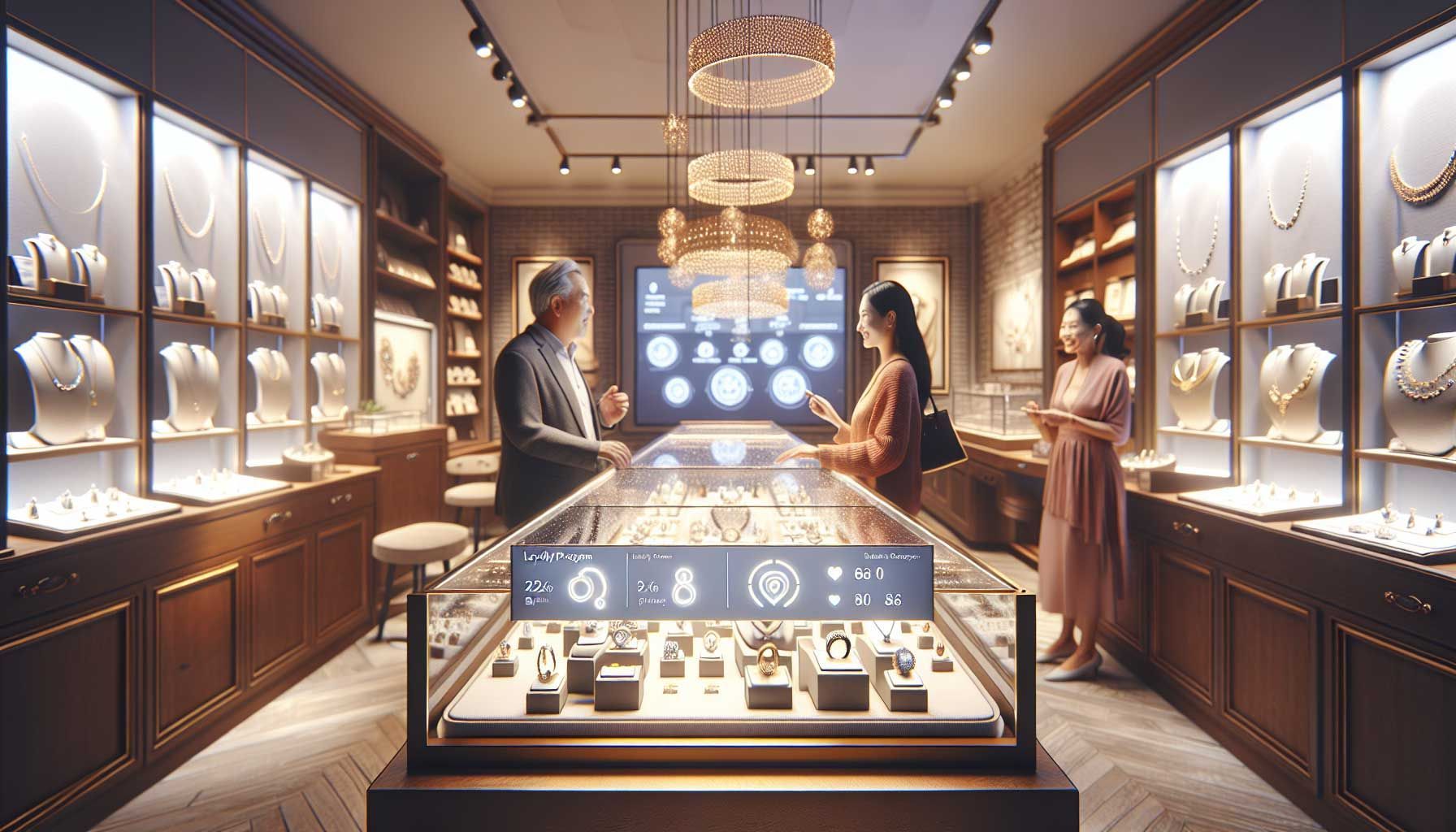 A photo-realistic landscape image showcasing an elegant jewelry store interior, featuring traditional and modern jewelry displays, with a warm and inviting atmosphere. In the foreground, a glass display case is filled with exquisite jewelry pieces, while a digital screen on the wall illustrates a loyalty program interface displaying points and rewards. Soft lighting illuminates the space to highlight the beauty of the jewelry, and a couple of satisfied customers are interacting with the salesperson, emphasizing the importance of customer loyalty and engagement through a loyalty program.