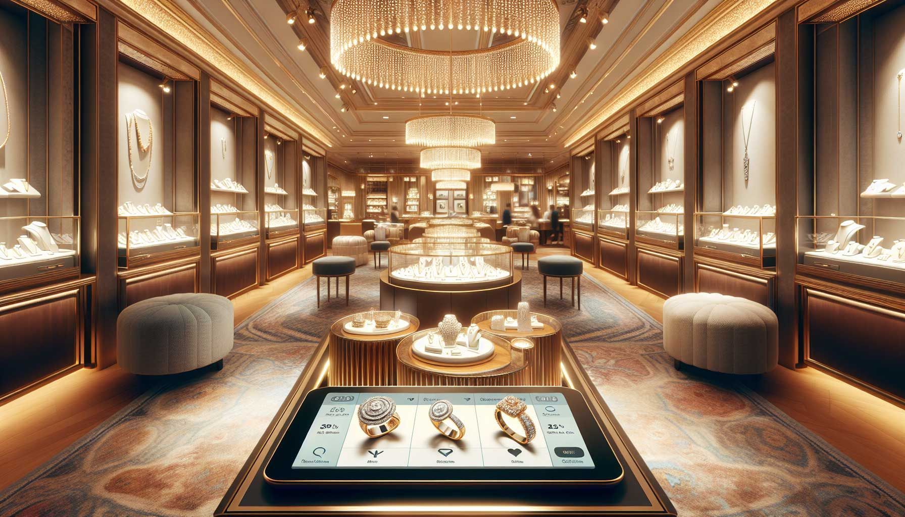 A vibrant and engaging photo-realistic landscape image depicting a luxurious jewelry store interior, showcasing elegant display cases filled with dazzling jewelry pieces like rings, necklaces, and bracelets. The ambiance is warm with golden lighting highlighting the intricate designs of the jewelry, creating a welcoming atmosphere for customers. In the foreground, a stylish tablet or digital screen displays a rewards program interface with enticing offers, encouraging customers to join the loyalty program. Soft-focus decorations include plush seating and tasteful artwork, emphasizing customer comfort and exclusivity.