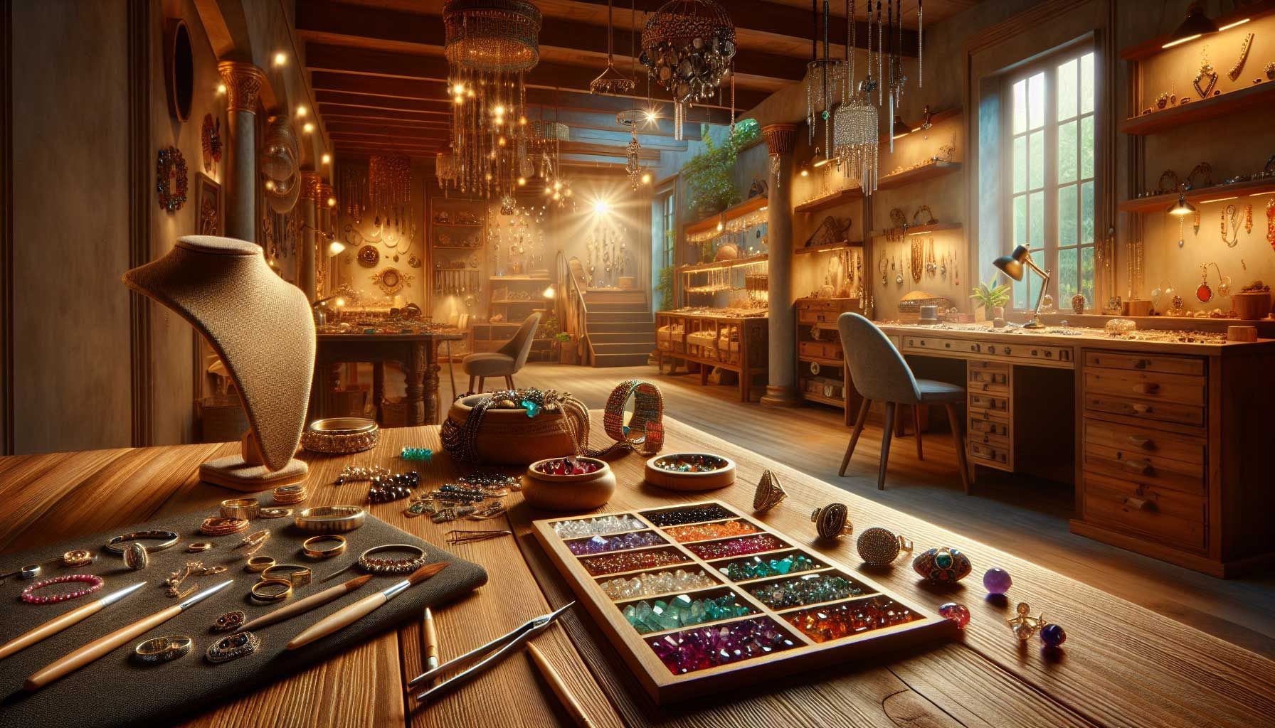 A beautifully detailed workspace of a jewelry designer, featuring an array of colorful gemstones, beads, and tools scattered across a polished wooden table. The background is a well-lit studio with artistic decorations, showcasing finished jewelry pieces like rings, necklaces, and bracelets displayed creatively. The atmosphere is warm and inviting, ideal for a creative learning environment about earning money through jewelry making. Natural light casts gentle shadows, enhancing the textures of materials and fostering a sense of inspiration and craftsmanship.