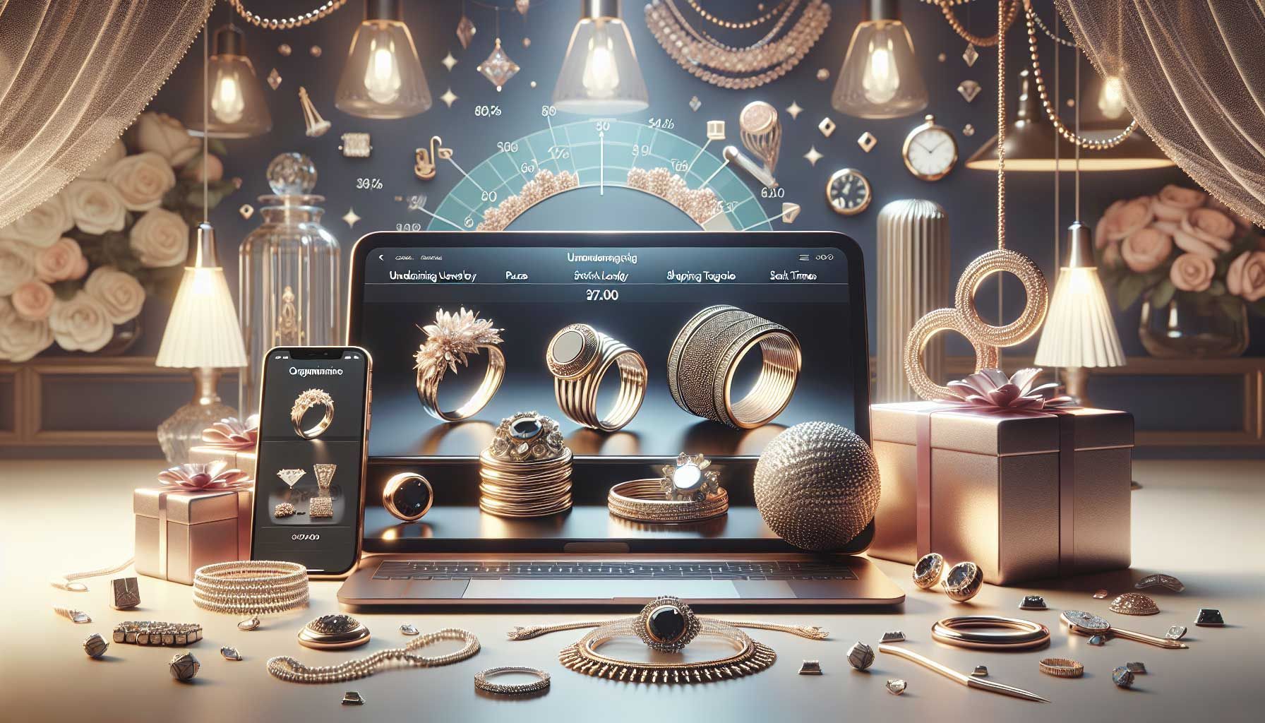 A photo-realistic landscape image of a luxurious jewelry website interface displayed on a modern laptop and smartphone, surrounded by elegant jewelry pieces like rings, bracelets, and necklaces. The background features a well-decorated, bright workspace with soft lighting and decorative elements that evoke a sense of sophistication and high-quality shopping experience. The focus is on the seamless user experience of the website, highlighting quick loading times with visual symbols of speed, like arrows or clocks, subtly integrated into the design.