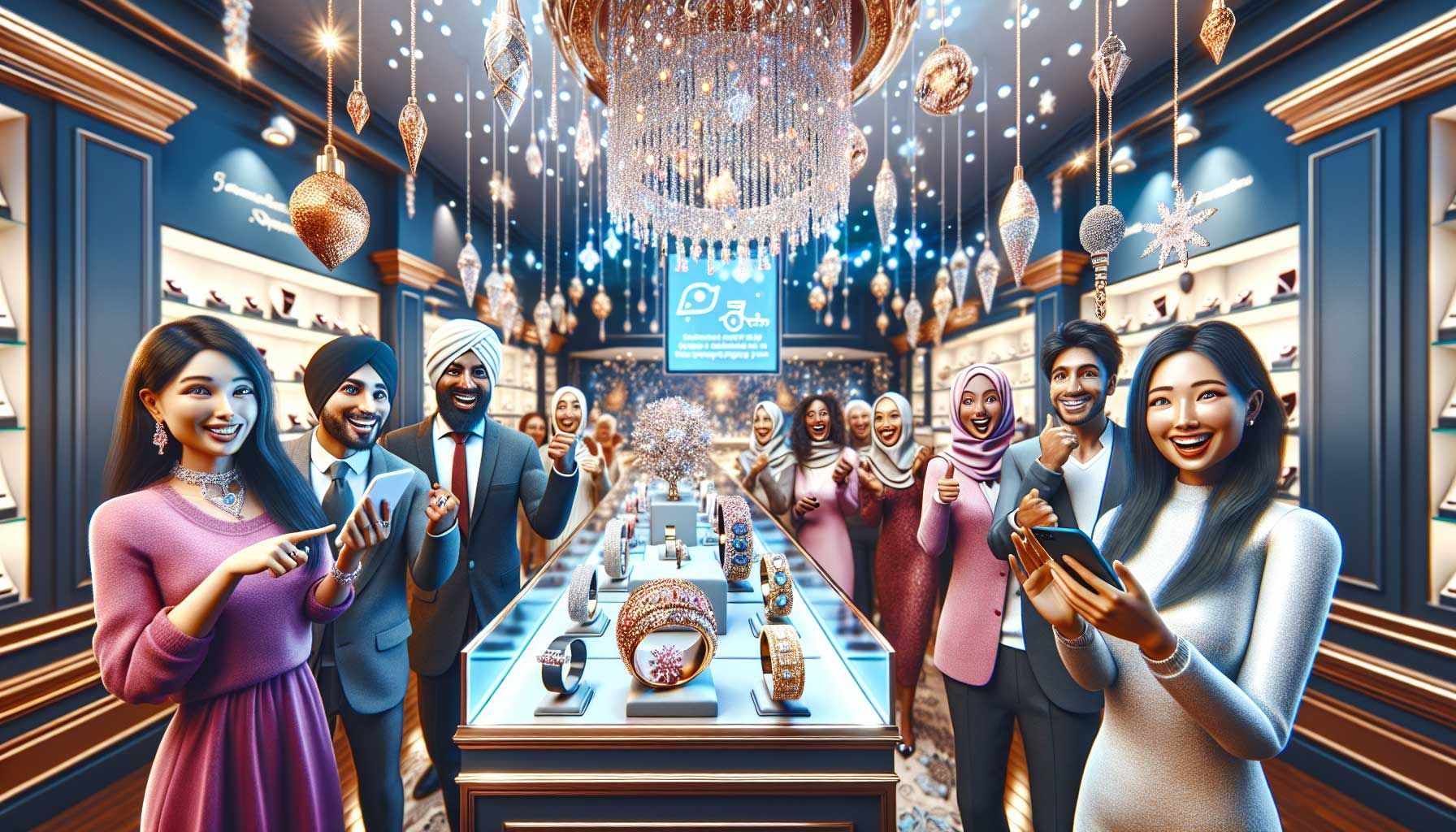 A vibrant and photo-realistic scene showcasing a luxury jewelry store decorated for the holiday season, with sparkling jewelry displays featuring rings, necklaces, and bracelets. The store is bustling with diverse customers using mobile devices to shop, while festive decorations like lights and ornaments adorn the environment. A warm and inviting atmosphere with a digital promotional banner highlighting mobile shopping tips hangs in the background, conveying a modern, festive shopping experience. The scene captures the essence of mobile commerce and holiday spirit, emphasizing elegance and consumer engagement.