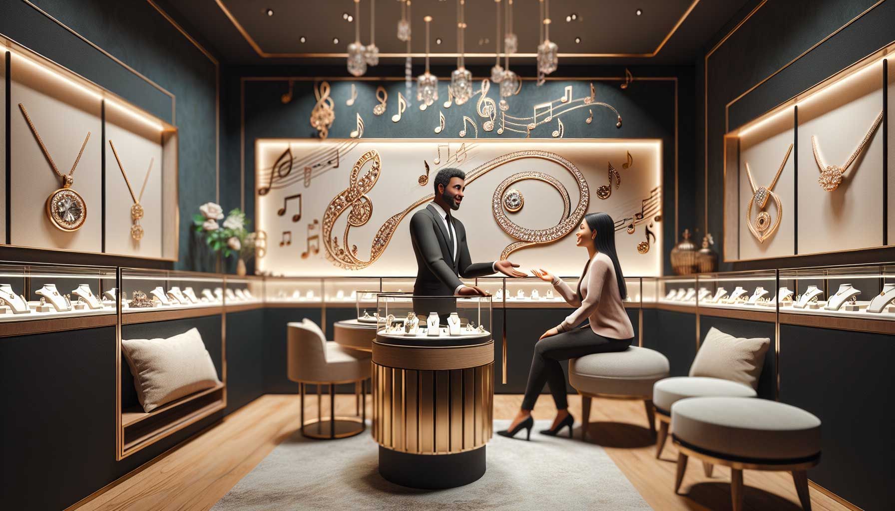 A highly detailed, photo-realistic image of an elegant jewelry store interior, featuring a well-lit display of exquisite jewelry pieces, such as rings, necklaces, and earrings, arranged attractively. A friendly jeweler is engaging in conversation with a customer, utilizing open body language and smiling. The atmosphere is warm and inviting, with soft, ambient lighting and tasteful music notes subtly illustrated in the background. Decorative elements like comfortable seating and greenery enhance the relaxed vibe. The overall scene reflects a natural, authentic sales conversation, capturing the essence of building customer relationships in jewelry sales.