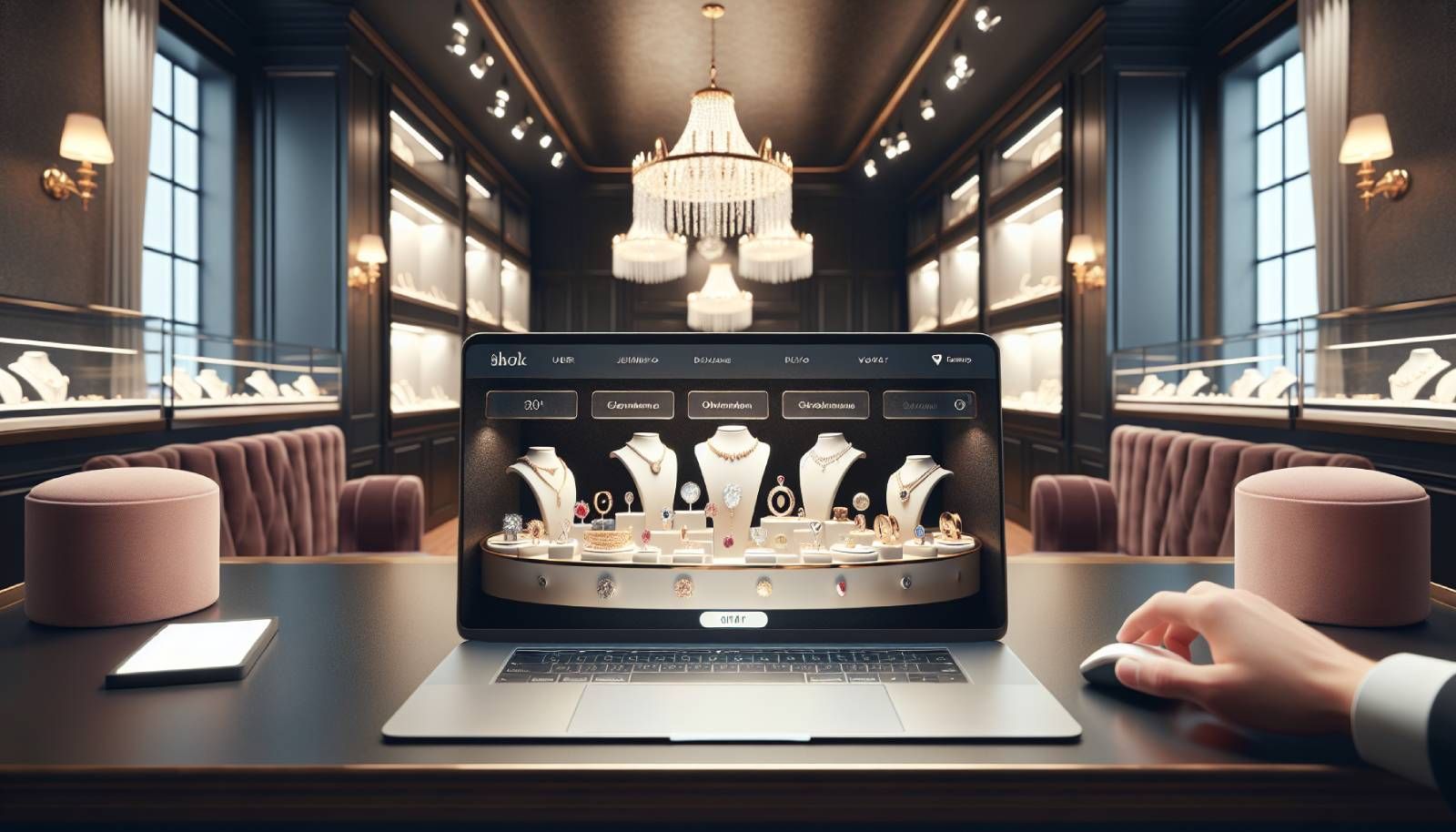 Photo-realistic illustration of a modern jewelry webshop interface on a sleek laptop screen, displaying a user-friendly design with clear categories and high-quality images of jewelry pieces. The background shows a chic, well-decorated jewelers’ storefront with plush velvet displays and sparkling jewelry, creating an inviting atmosphere. In the foreground, a person (gender-neutral) is engaged in a live chat on the laptop, with a focused expression, symbolizing excellent customer service. Soft lighting enhances the luxurious feel of the scene, highlighting the jewelry's brilliance.