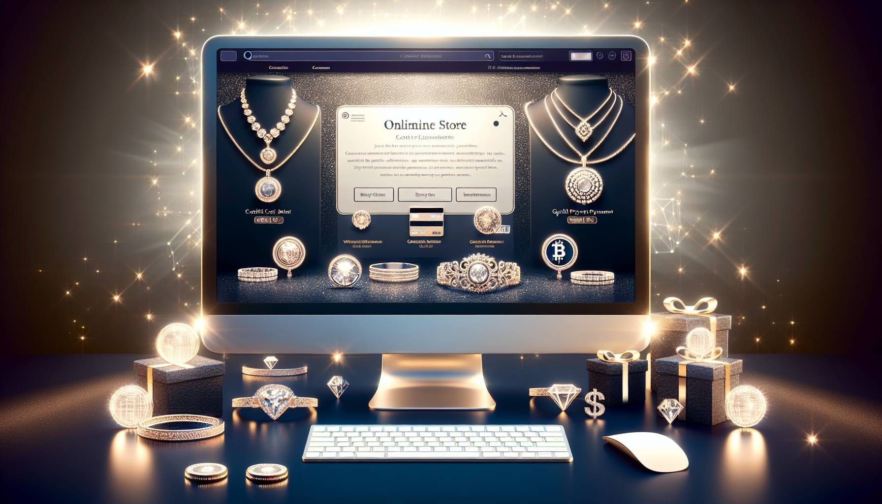 A vibrant and detailed landscape image depicting a luxurious jewelry store's online shopping page on a laptop screen, showcasing various payment options such as credit cards, mobile payment apps, and cryptocurrency icons. In the background, an elegant display of fine jewelry is visible, with soft lighting reflecting off diamonds and gold. The scene conveys a sense of trust and sophistication, aimed at jewelers looking to enhance their online payment methods.