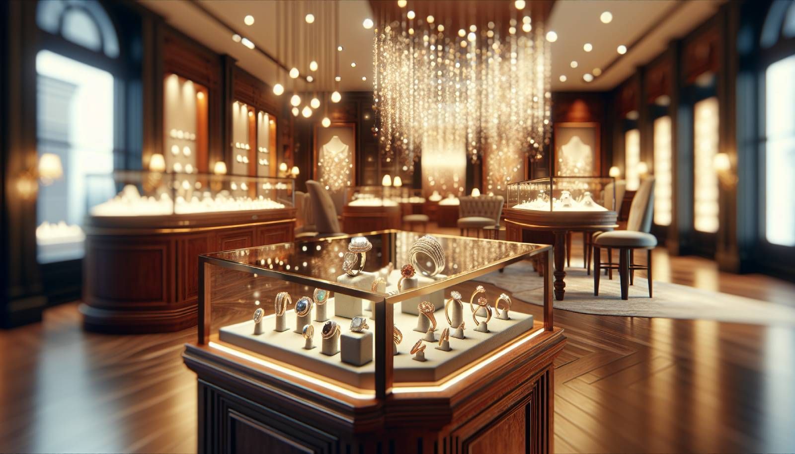 A beautifully crafted jewelry showcase featuring an array of elegant rings, necklaces, and bracelets, adorned with sparkling gemstones under soft lighting. In the background, a blurred view of a luxurious jewelry store setting with rich wood furniture and plush displays, conveying sophistication and allure. The scene is inviting and captures the essence of retargeting, symbolizing the journey of winning back lost customers through personalized attention and exquisite products. The overall tone is warm and engaging, perfect for a jewelry audience focused on marketing strategies.