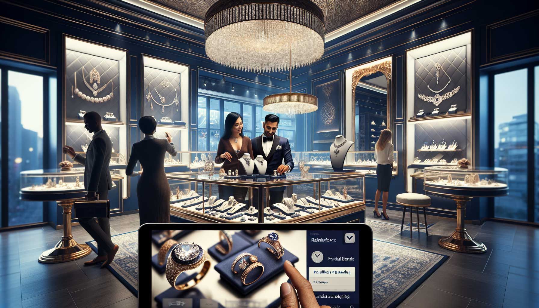 A photo-realistic image depicting a luxurious jewelry store with a cohesive online branding theme. The store features elegant displays of diamonds and gold jewelry, with a consistent color palette of royal blue and silver, mirroring the classic Tiffany & Co. style. The backdrop includes a stylish website interface shown on a tablet, with social media feeds displaying polished posts that emphasize brand consistency. Emotional connections are depicted through customers admiring the jewelry, showcasing trust and recognition. Soft lighting enhances the sophistication and allure of the scene.