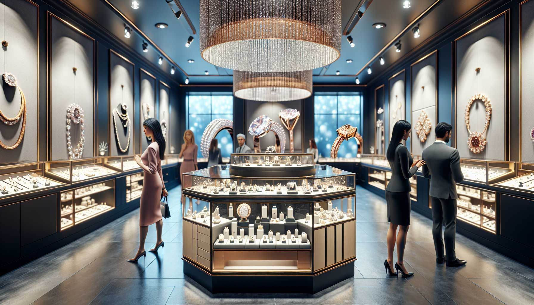 A luxurious jewelry store interior featuring elegant display cases filled with shiny gemstones, rings, and necklaces. The environment is well-lit, showcasing the brilliance of the jewelry, while a welcoming online presence is subtly illustrated by a large screen displaying the store's website with images of their products and social media handles. Include customers browsing and engaging with staff, highlighting personalized service. The image should evoke a sense of modernity and digital integration, reflecting a successful online strategy for jewelers, in a photo-realistic style, 16:9 ratio.