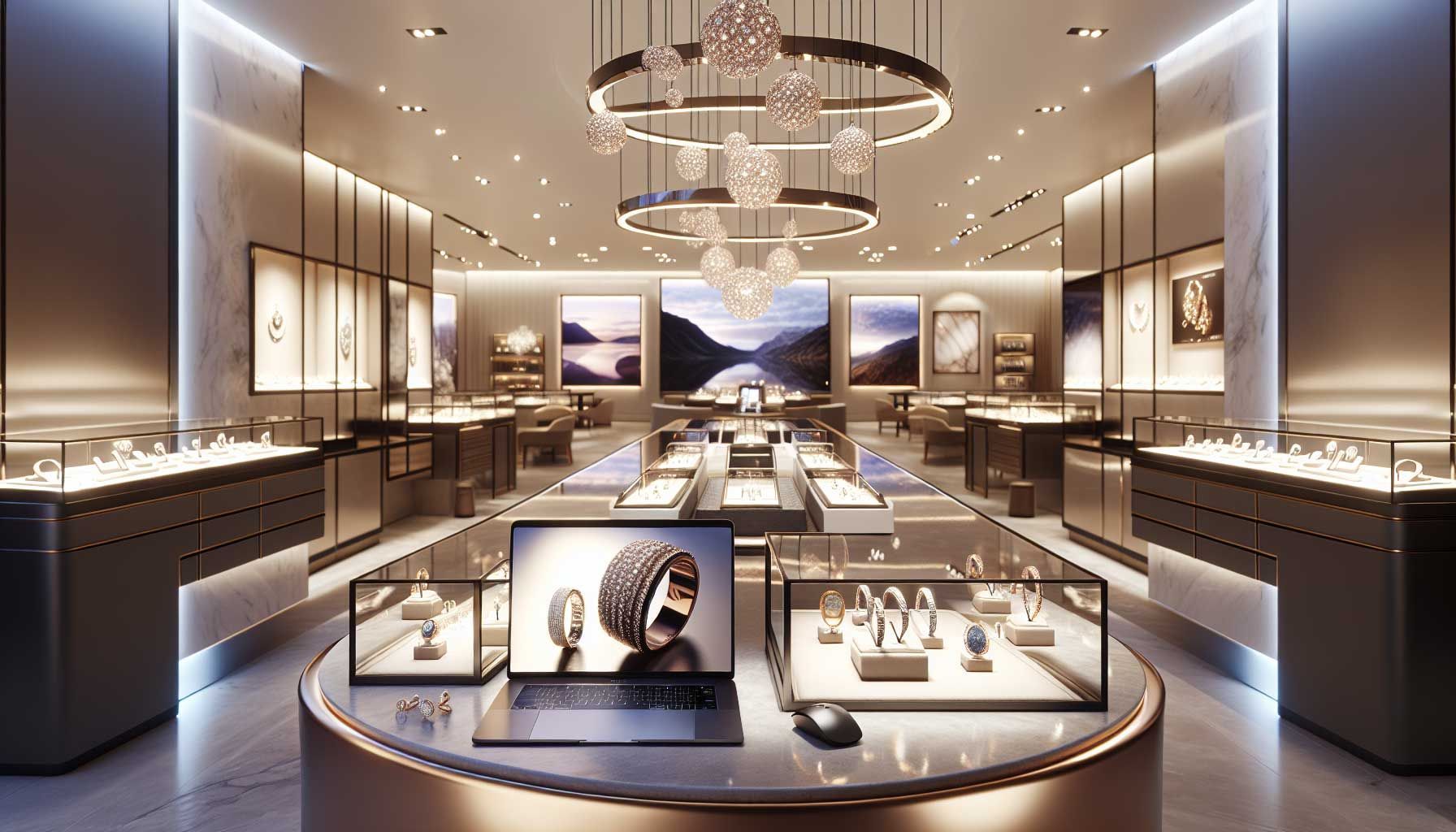 A sophisticated and elegant jewelry store interior, featuring displays of unique and luxurious jewelry pieces. Soft lighting accentuates the gemstones, creating a warm and inviting atmosphere. In the background, a laptop is open on a well-designed website displaying beautiful jewelry, symbolizing the online aspect of the business. A subtle reflection of the jewelry is visible on a polished surface, highlighting the quality and craftsmanship. Stylish branding elements such as a logo and color palette complement the sophisticated theme. The overall aesthetic is modern and professional, appealing to jewelers looking to build a strong online brand.