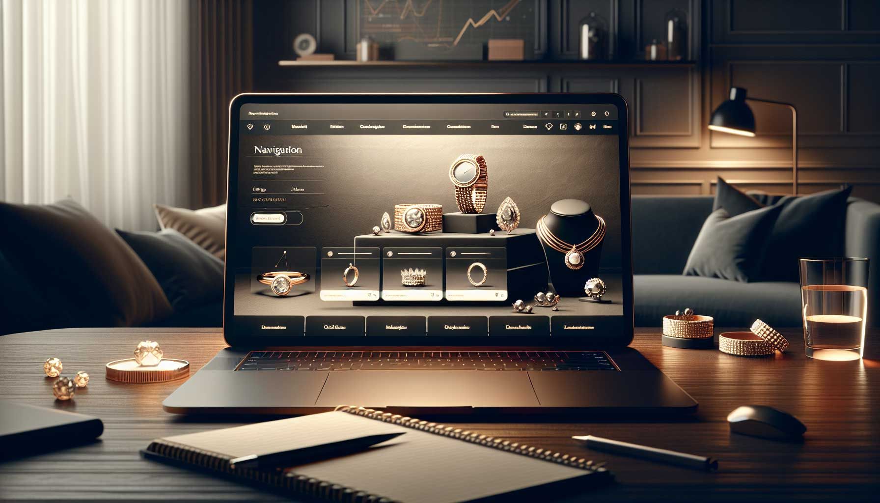 A photo-realistic illustration of a modern, elegant jewelry online store interface on a laptop screen displaying a clear and user-friendly navigation menu. The background features a cozy, stylish workspace with soft lighting, showcasing luxurious jewelry items like rings, bracelets, and necklaces. The laptop is placed on a wooden desk with tools like a notepad and pen, symbolizing design and analytics work. Elements like charts and graphs subtly visible on the screen emphasize the data-driven approach to improving navigation.