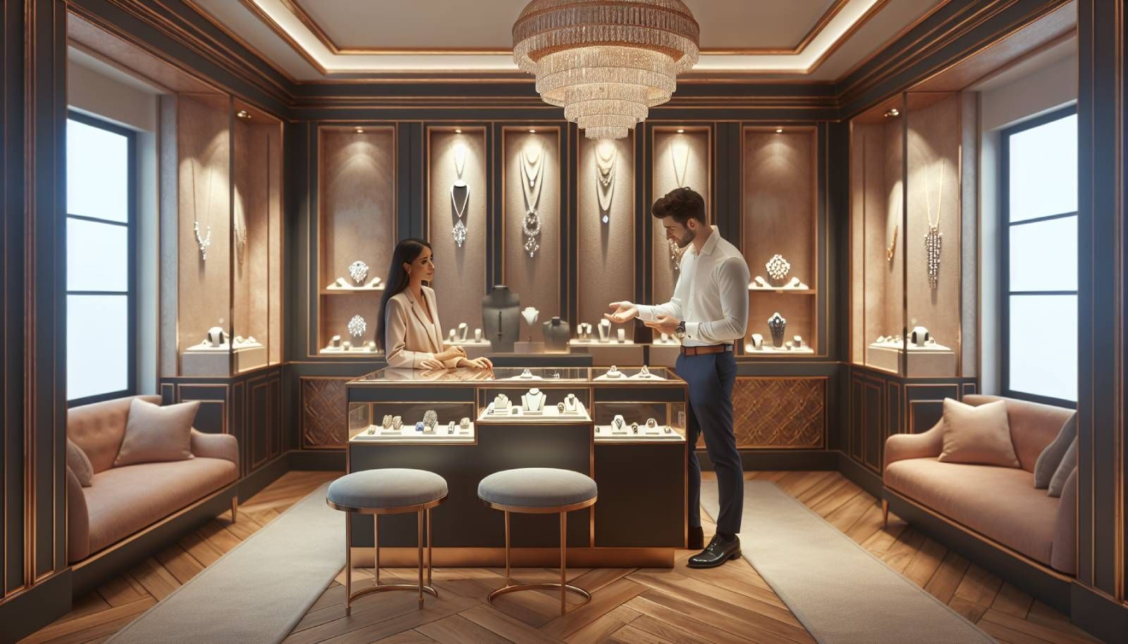 A serene and inviting jewelry store interior, showcasing elegant displays of fine jewelry including rings and necklaces. Soft lighting enhances the luxurious atmosphere, with comfortable seating areas for customers to relax. A friendly jeweler is engaging with a customer, demonstrating a personalized approach and building trust. Stylish decor featuring soothing colors creates a calm environment, symbolizing the importance of patience in the jewelry sales process.