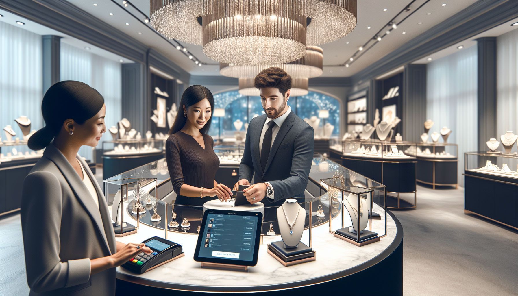 A photo-realistic image depicting a sleek, modern jewelry store interior with a luxurious atmosphere. The image should show a customer engaging with an elegant payment process at the checkout counter, where a staff member assists them. Emphasize high-end jewelry pieces displayed attractively around the store, with soft lighting highlighting their beauty. Include digital payment options visible on a tablet or mobile device, reflecting a seamless and high-tech customer experience. The setting should be upscale and inviting, conveying the importance of a smooth payment experience for jewelry customers.