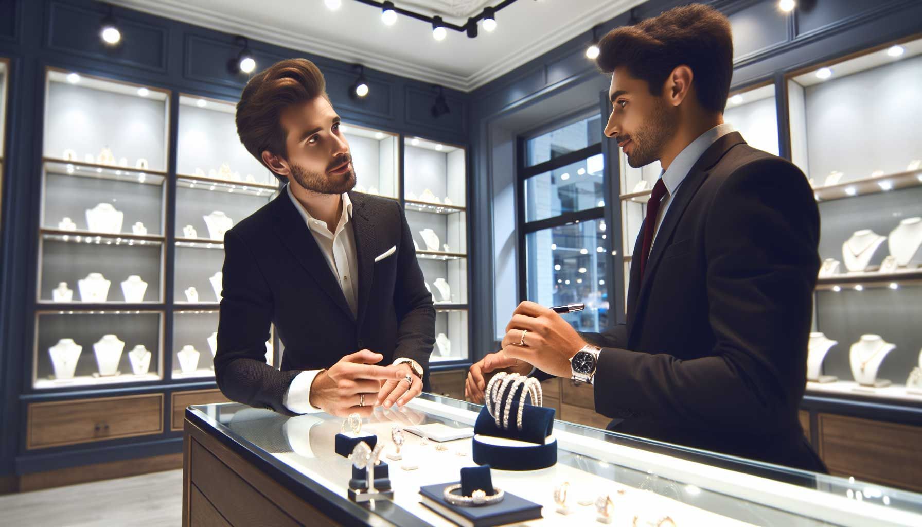 A professional jewelry sales conversation scene, featuring a well-dressed jeweler in a bright, upscale jewelry store. The jeweler is attentively listening to a customer who admires a sparkling ring on display. The store is elegantly designed with glass showcases filled with various exquisite pieces, soft lighting highlighting the jewelry. A notepad and pen are visible on the counter, symbolizing preparation and professionalism. The atmosphere is warm and inviting, evoking a sense of trust and customer care.