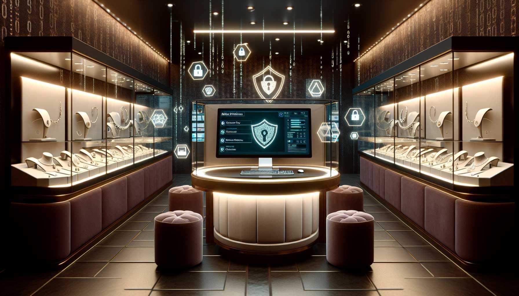 A professional jewelry store environment with a focus on cybersecurity, featuring a modern computer setup with advanced security software displayed on the screen, a lock symbol indicating data protection, jewelry pieces elegantly displayed, and subtle elements like a shield symbol or binary code in the background suggesting digital security. The lighting should be warm and inviting, reflecting trust and professionalism in the jewelry business while emphasizing the importance of protecting customer data against cyber threats. The image should have a sleek, contemporary style, suitable for an informative educational article targeted at jewelers.