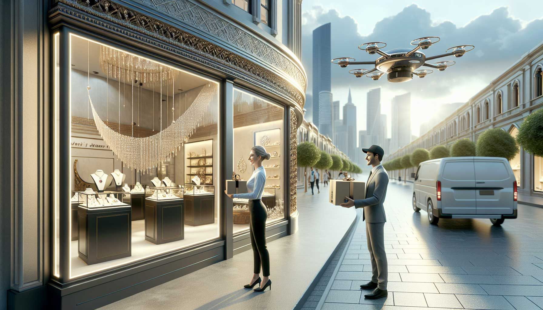 A photo-realistic landscape image depicting a modern jewelry store with elegant showcases filled with sparkling jewelry, prominently displaying fast delivery options. In the foreground, a delivery person with a parcel is interacting with a happy customer outside the store. The background features an urban setting with a clear sky, symbolizing efficient logistics, while integrated tech elements like drones and delivery vehicles are subtly included to represent the future of e-commerce delivery. The atmosphere conveys professionalism and customer satisfaction, emphasizing the competitive advantage of rapid delivery in the jewelry industry.