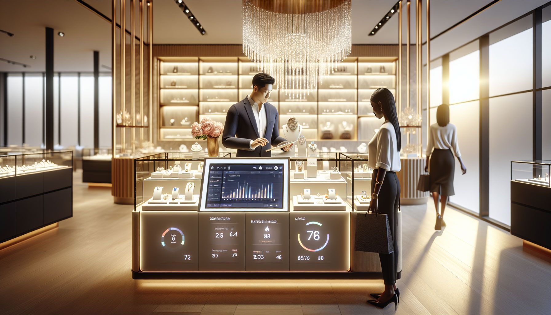 A detailed and photo-realistic image depicting a modern jewelry store with a sleek point of sale system featuring complex data dashboards on a screen. The environment is bright and inviting, showcasing elegant jewelry displays, including rings, necklaces, and bracelets, while a jeweler assists a customer with a thoughtful expression. The background includes charts and graphics subtly displayed to symbolize data analysis and reporting capabilities, reflecting the importance of good reporting in business growth.