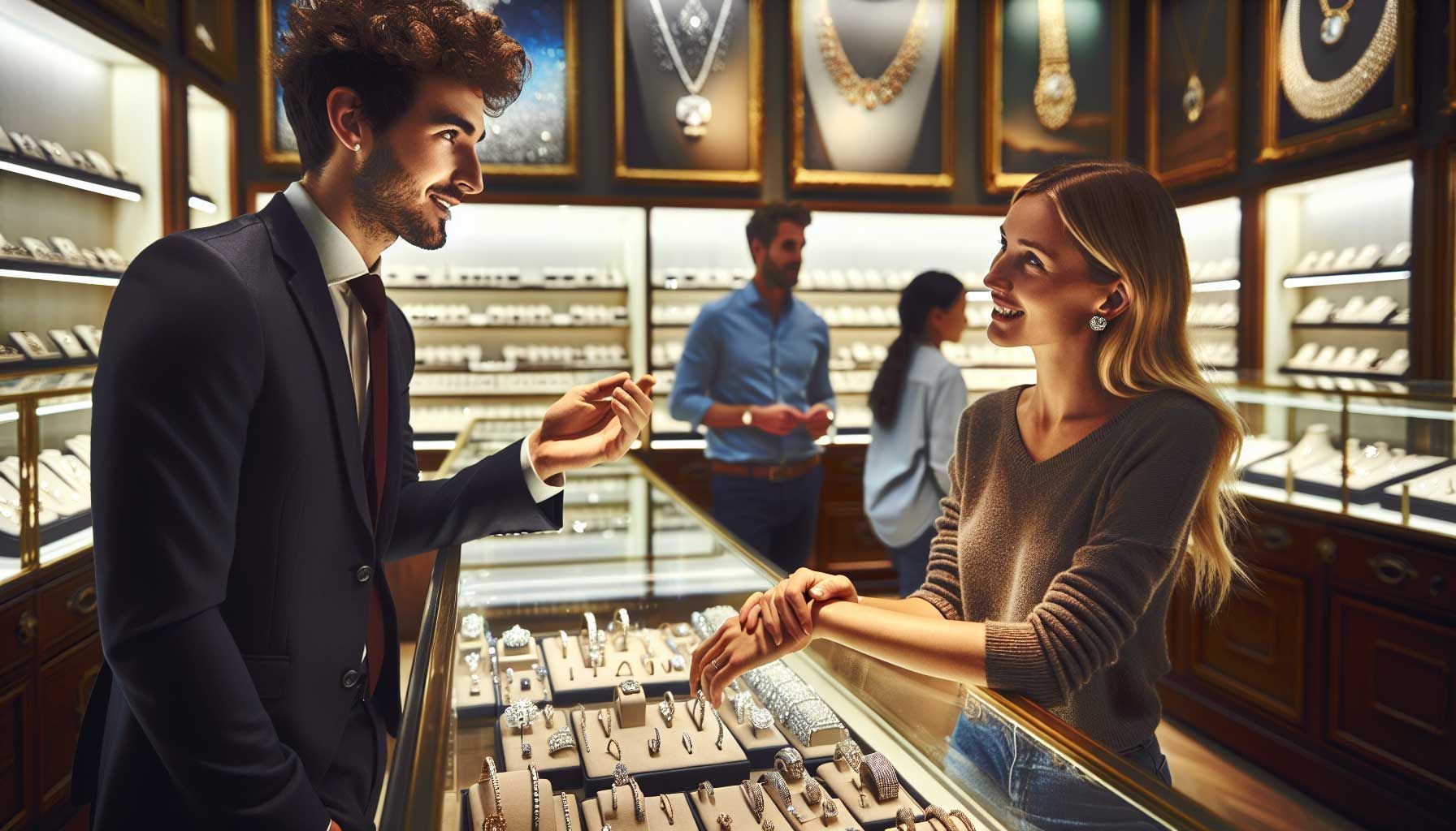 Een elegante winkelinterieur van een juwelier, met een juwelier die in gesprek is met een klant. De juwelier, een vrouwelijk figuur met een vriendelijke uitstraling, leunt een beetje naar voren met een oprechte glimlach, terwijl de klant, een jonge man, zichtbaar geïnteresseerd en betrokken is. De omgeving is luxueus ingericht met glinsterende sieraden in vitrines en warme, uitnodigende verlichting. Achtergrond laat subtiele details zien van sieraden zoals ringen en kettingen, en enkele klanten die rondkijken, wat een dynamische en uitnodigende sfeer creëert. De focus ligt op de interactie en emotie tussen de juwelier en de klant, die de essentie van klantbehoeften herkenning benadrukt.