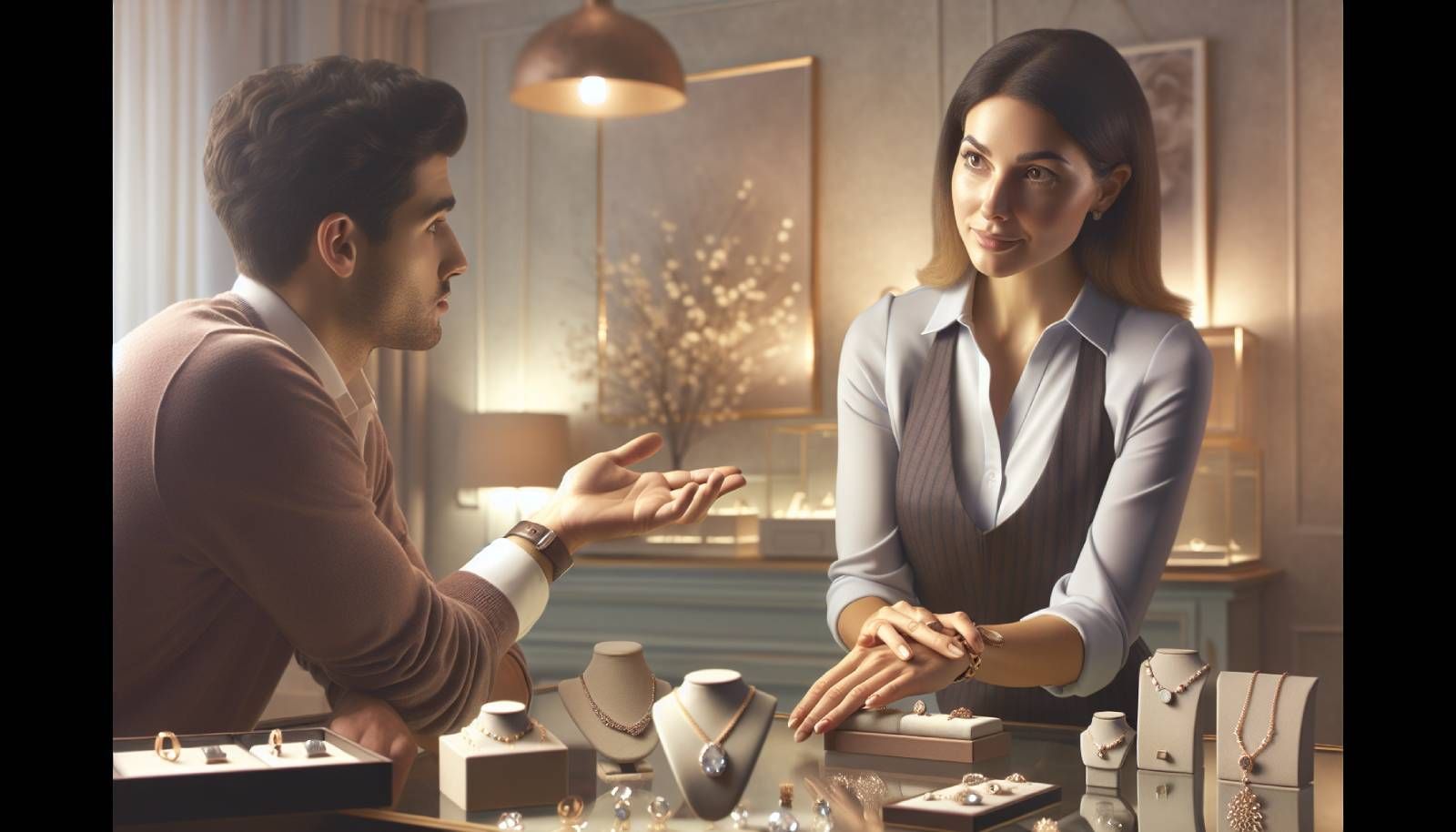 A photo-realistic image depicting a jeweler in a beautifully designed shop, engaging with a customer who looks apprehensive while examining a piece of jewelry. The jeweler is attentively listening, showing positive body language with an open gesture and making eye contact, while soft, warm lighting creates a welcoming atmosphere. Various elegant jewelry pieces are displayed prominently in the background, highlighting the importance of customer interaction and trust in the sales process.