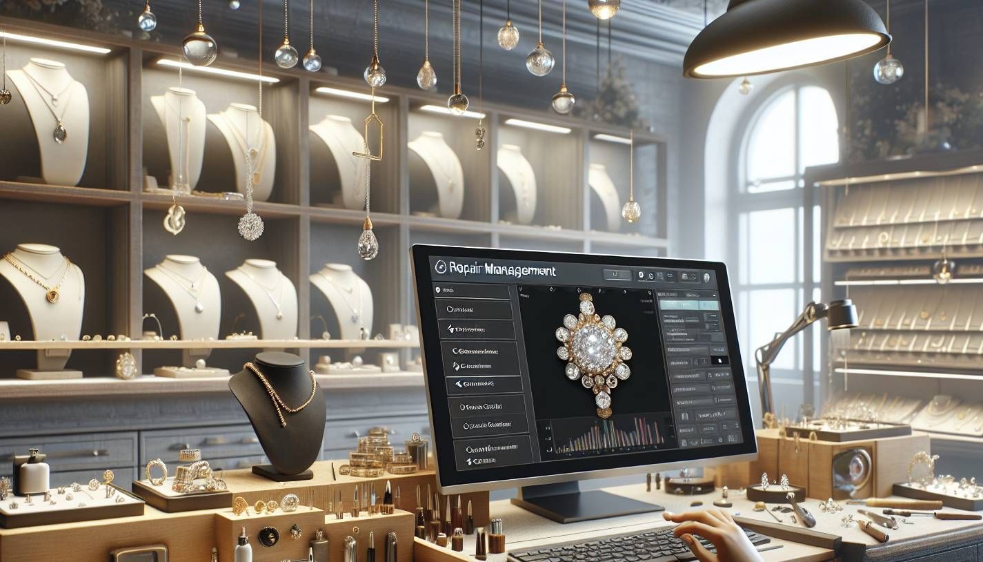  A modern jewelry store interior with a jeweler wearing a magnifying visor working on a piece of jew