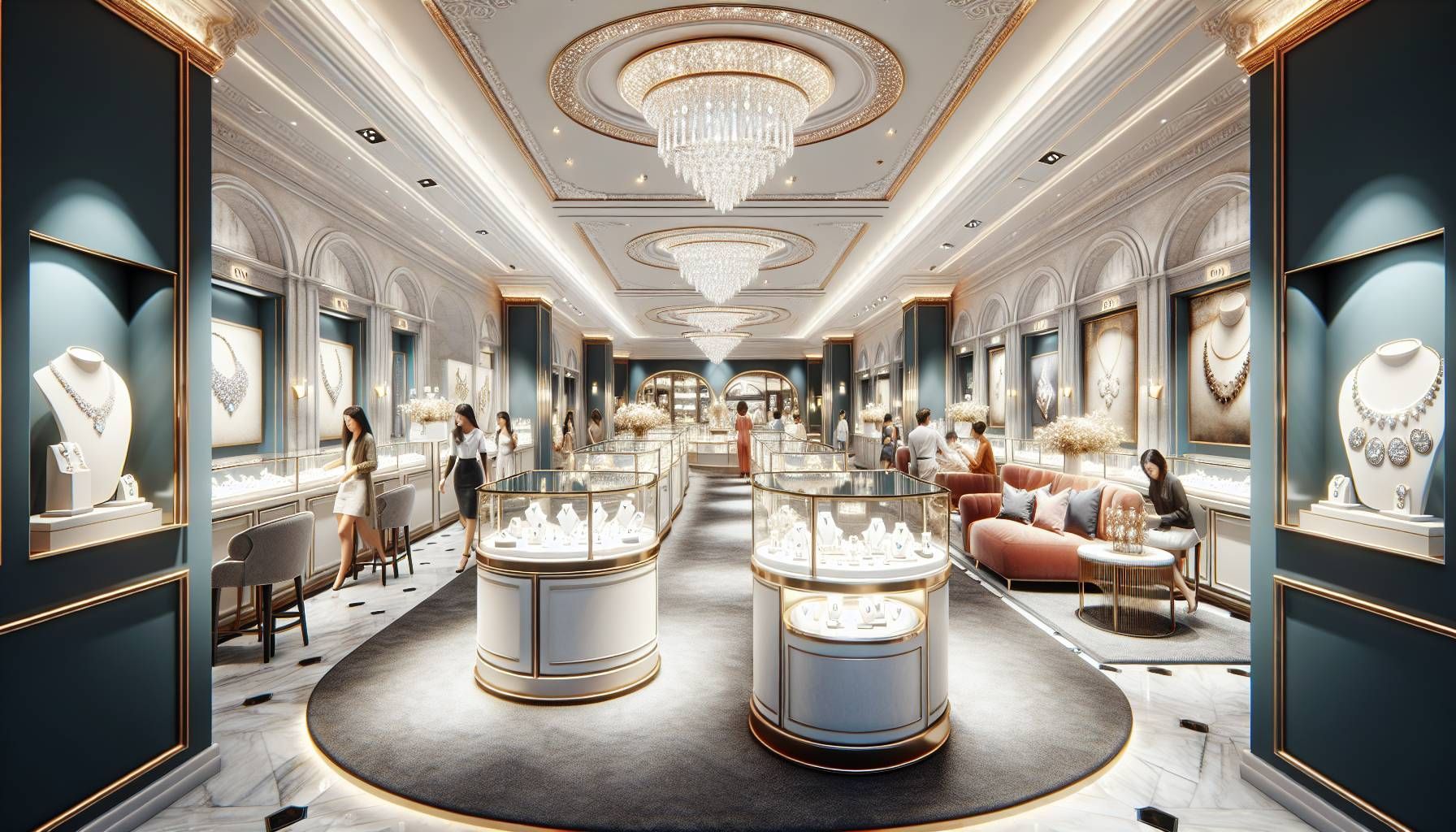 Ein fotorealistisches Bild, das das luxuriöse Interieur eines Juweliergeschäfts mit eleganten Auslagen zeigt, in denen feiner Schmuck präsentiert wird. Die Atmosphäre ist warm und einladend, mit sanfter Beleuchtung, die den Glanz von Diamanten und Gold hervorhebt. Ein bezauberndes Layout mit organisierten Schmuckvitrinen, einem einladenden Verkaufstresen und Kunden, die durch die Sammlung stöbern, stellt eine erfolgreiche Einzelhandelsumgebung dar. Elegante Deco-Elemente wie bequeme Sitzgelegenheiten und schicke Kunstwerke an den Wänden schaffen eine raffinierte und gehobene Atmosphäre. Das Bild sollte einen Fokus auf finanzielle Leistung und Kundenengagement im Juwelier-Einzelhandel widerspiegeln.