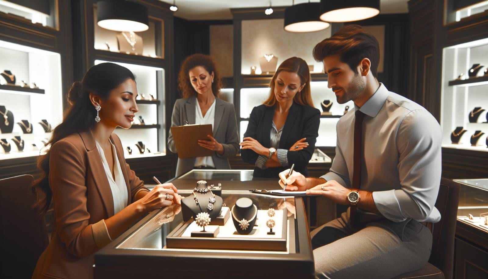 A photo-realistic image depicting a jewelry store training session, featuring a diverse group of jewelers engaged in role-playing exercises. One jeweler is practicing a sales conversation with a customer, while another observes and takes notes. The environment is stylish and inviting, showcasing elegant jewelry pieces in display cases. Soft lighting enhances the inviting atmosphere, and expressions of concentration and engagement are visible on their faces, emphasizing teamwork and skill development in a supportive learning environment.