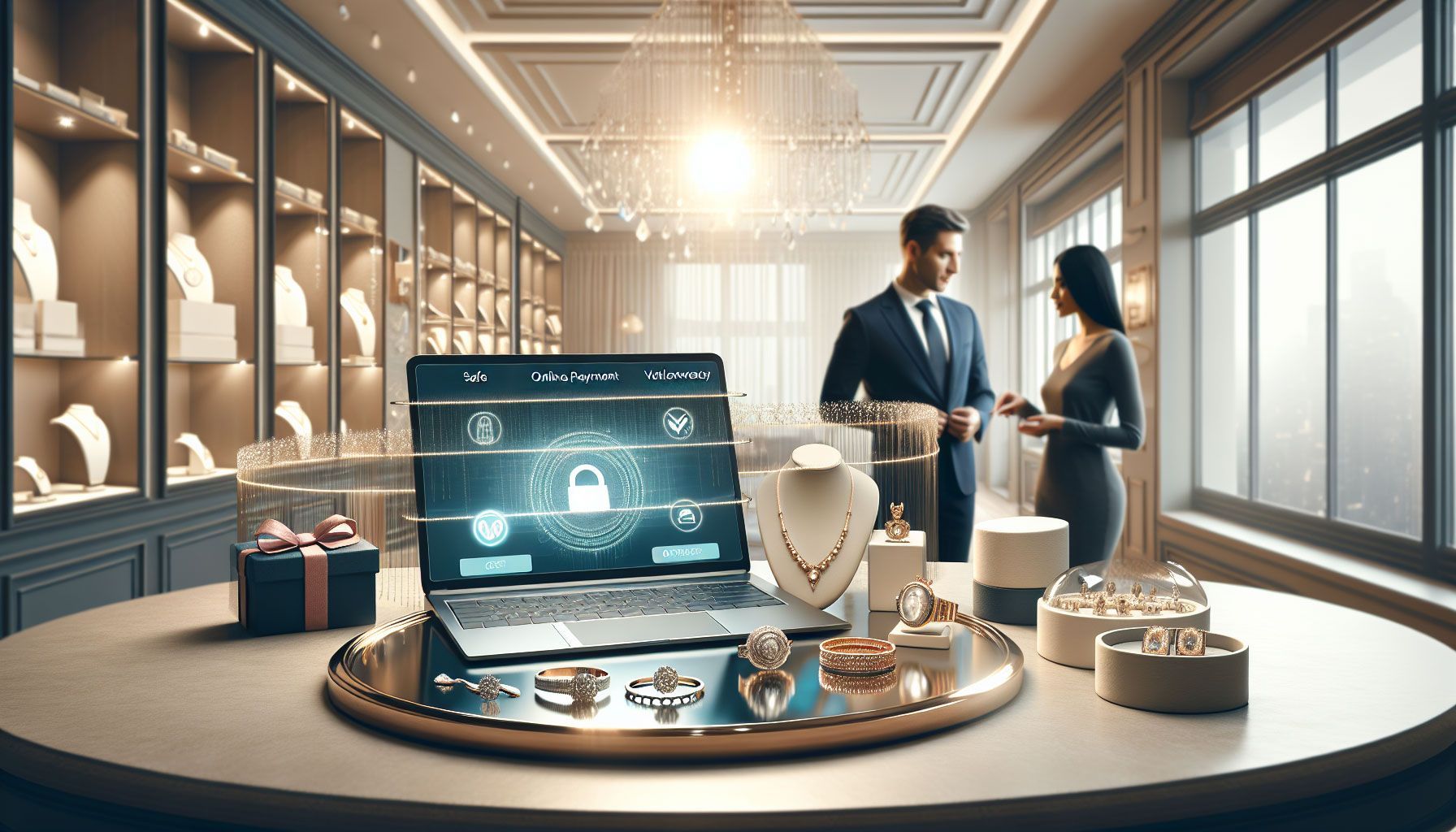 A modern and elegant jewelry store interior showcasing a secure online payment setup on a sleek laptop, adorned with high-end jewelry pieces on display. The lighting is soft and inviting, creating a luxurious atmosphere. In the background, a well-trained staff member is engaging with a customer, emphasizing trust and security in online transactions. The image represents concepts of cybersecurity, trust, and professionalism in the jewelry business.