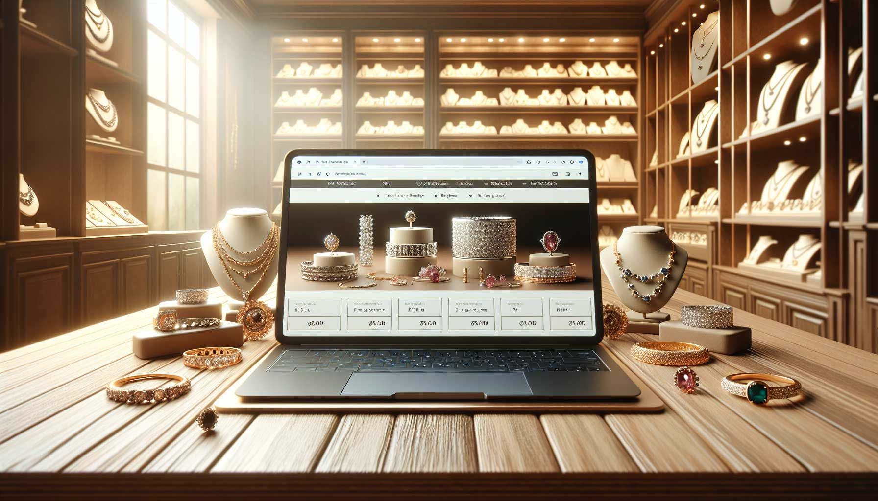 A photo-realistic landscape image depicting an elegant jewelry website interface on a laptop screen, showcasing a powerful search function. The laptop is placed on a stylish wooden table surrounded by luxurious jewelry items such as rings, necklaces, and earrings. Soft lighting enhances the vibrant colors of the jewelry, and a modern, clean workspace atmosphere conveys professionalism. The background features shelves filled with jewelry displays, emphasizing the importance of an efficient search function for jewelers.