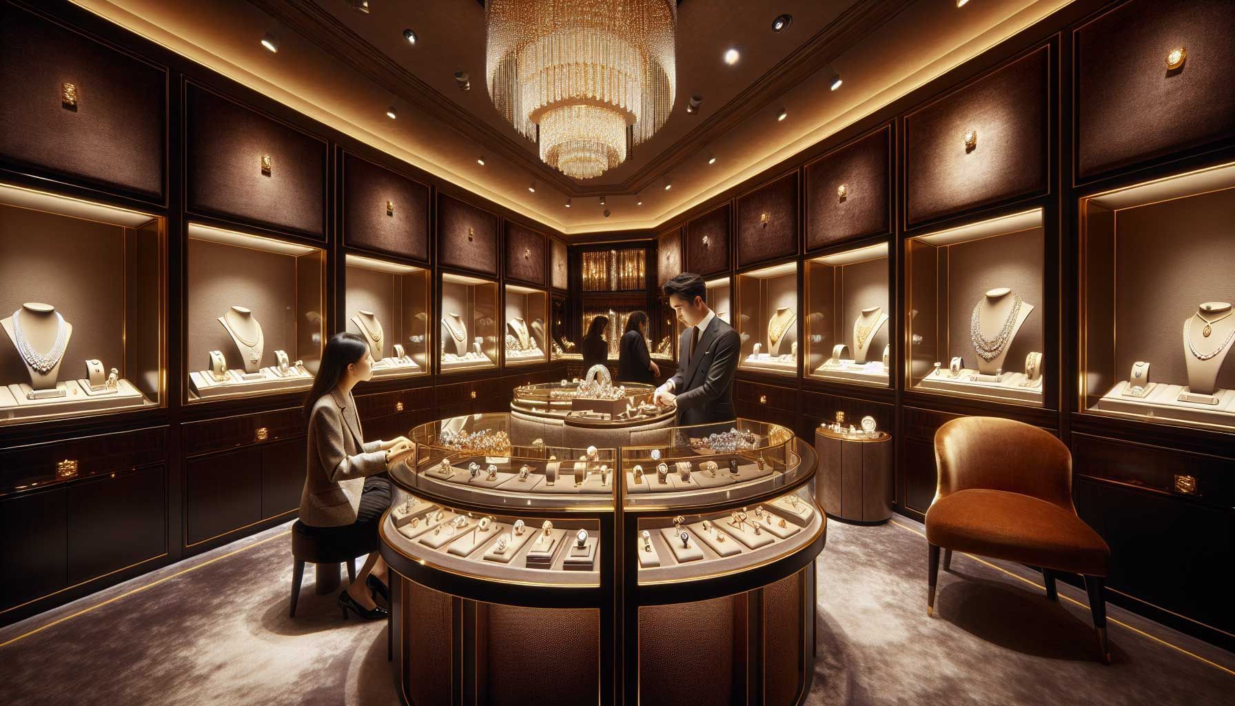 A luxurious jewelry store interior showcasing high-end jewelry pieces such as diamond rings, gold necklaces, and exquisite watches displayed elegantly. Soft lighting enhances the brilliance of the gemstones and creates an inviting atmosphere. A well-dressed salesperson assists a discerning customer, offering personalized attention. Rich, warm tones dominate the scene, with plush carpets and elegant displays to emphasize the high-ticket nature of the items. The overall ambiance conveys exclusivity, quality, and trust, perfect for jewelers looking to attract high-value clients.