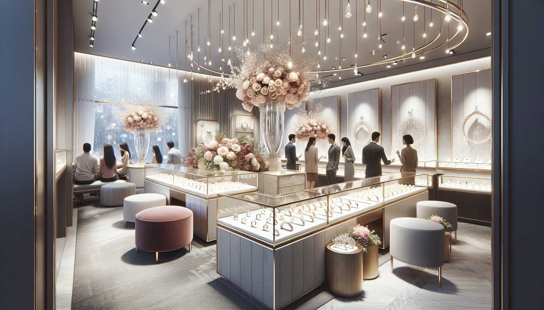 A beautifully decorated and inviting jewelry store interior during wedding season, featuring elegant displays of engagement rings and wedding bands. Soft lighting emphasizes the sparkle of the jewelry, while floral arrangements add a romantic touch. Customers are seen interacting with knowledgeable staff, showcasing excellent customer service. The atmosphere is warm and welcoming, reflecting the significance of wedding jewelry. The background includes wedding-related decor, enhancing the theme of the busy wedding season. The image captures a luxurious yet approachable feel, aimed at jewelers looking to enhance their sales strategies during this peak period.