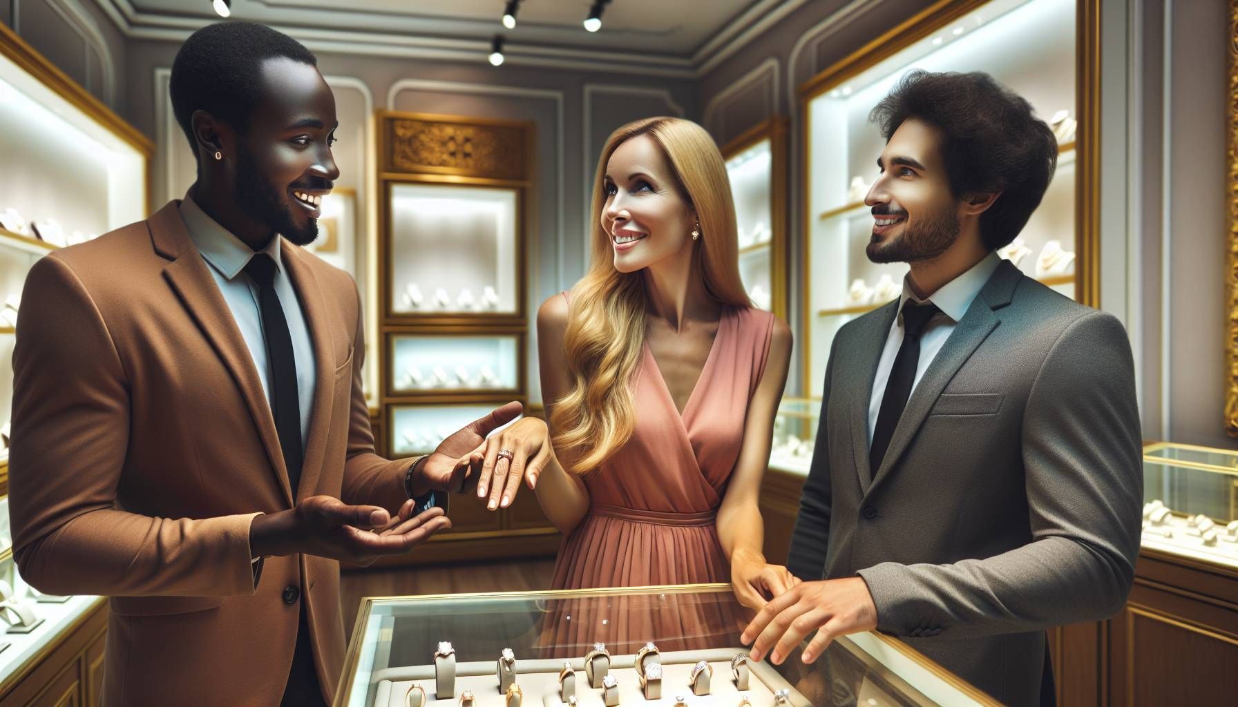 A photo-realistic image of a passionate jeweler assisting a couple in a bright, elegantly designed jewelry store. The jeweler, a middle-aged person with a warm smile, is showing a unique engagement ring to the couple, who appear engaged and curious. The background is filled with well-lit glass display cases showcasing various exquisite jewelry pieces, with soft, inviting lighting. The atmosphere is friendly and warm, reflecting a personal and authentic shopping experience.