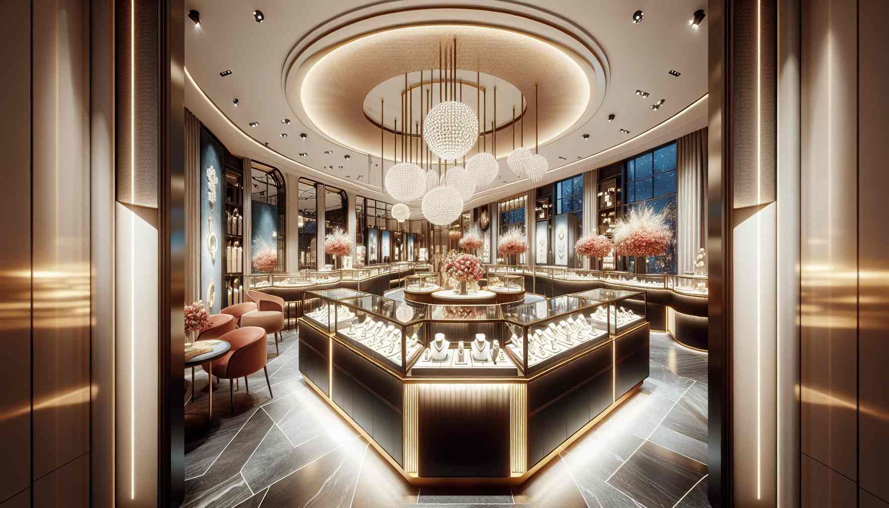 A stunning, photo-realistic interior shot of a luxurious jewelry store showcasing an upgraded layout. The space is elegantly arranged with beautiful displays of sparkling jewelry pieces, featuring soft, warm ambient lighting highlighting the products. Stylish furnishings complement the sophisticated atmosphere, and there is an inviting jewelry counter at the front. The storefront is adorned with a modern, eye-catching window display filled with seasonal themed decorations. The image captures an inviting and upscale shopping experience for customers.