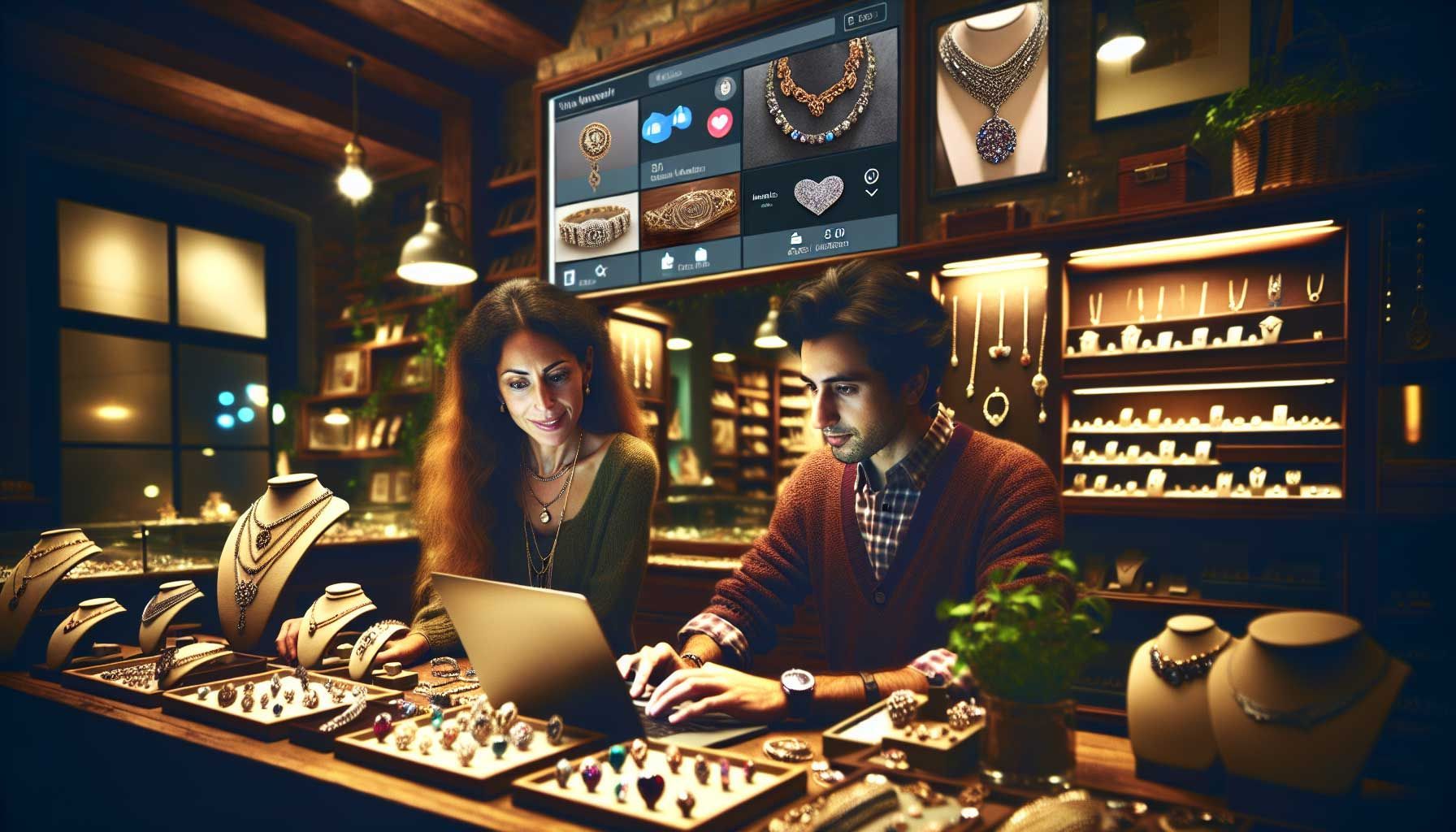 A vibrant scene depicting a small, elegant jewelry store with intricate handmade jewelry displayed beautifully on wooden shelves. The store is adorned with warm lighting and touches of greenery, giving a cozy feel. In the foreground, a thoughtful jeweler is using a laptop, showing her website to a satisfied customer. In the background, there's a glimpse of social media posts featuring jewelry showcased on screens, highlighting the digital success of small jewelers. The atmosphere conveys a blend of craftsmanship and modern digital engagement, symbolizing the journey of small jewelers growing online. Photo-realistic style, rich in detail, 16:9 ratio.