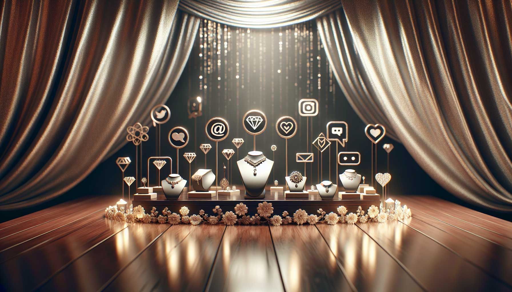 A beautifully arranged display of stunning jewelry pieces on a polished wooden table, surrounded by various social media icons like Instagram, Facebook, and Pinterest, all showcased in a harmonious layout. The background features a soft, elegant fabric draping, adding a touch of luxury. The lighting is warm and inviting, emphasizing the sparkle and craftsmanship of the jewelry, creating a photo-realistic image that reflects the strong brand identity and engagement strategy for jewelers using social media.