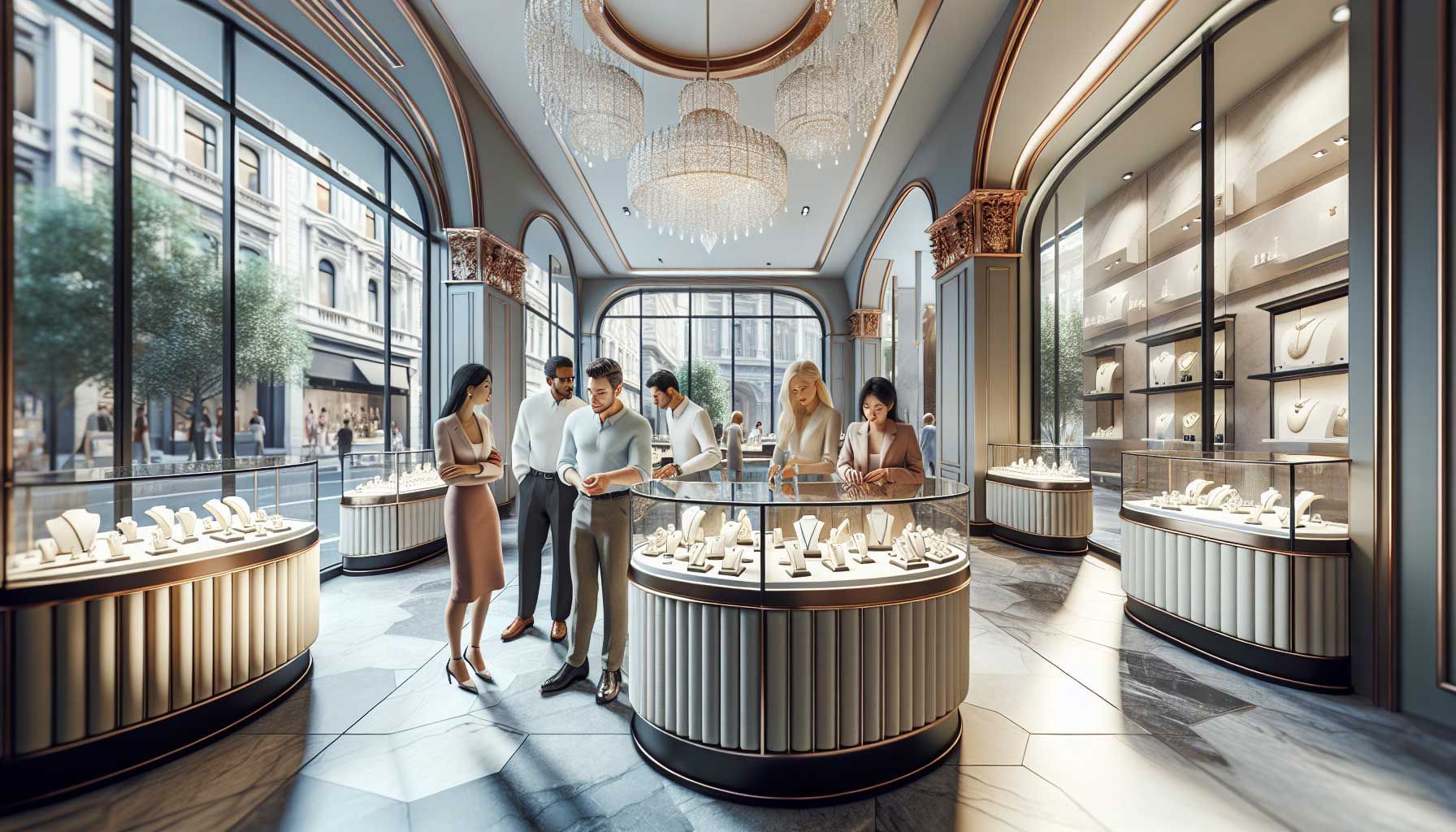 A photo-realistic landscape image depicting a modern jewelry store with elegant displays showcasing exquisite jewelry pieces, a welcoming atmosphere with soft lighting, and a diverse group of customers browsing and interacting with knowledgeable staff. The interior design should reflect sophistication and creativity, with elements like a well-designed display case for rings, necklaces, and bracelets, and decorative touches that emphasize the art of jewelry making. The storefront should be visible from the outside, with large windows that allow passersby to glimpse inside, creating a sense of invitation and allure for potential customers. The scene captures the essence of starting a successful retail jewelry business.