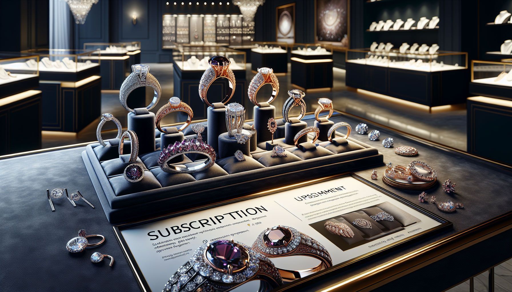 A luxurious jewelry display featuring a variety of stunning pieces including rings, necklaces, and earrings, elegantly arranged on a velvet table. The setting is an upscale jewelry store with soft lighting that highlights the brilliance of the gems. In the background, a stylish brochure can be seen showcasing subscription and installment payment options. The overall atmosphere conveys a sense of exclusivity and customer loyalty, appealing to jewelers exploring innovative sales models. The image should be photorealistic with rich details showcasing the elegance of high-end jewelry.